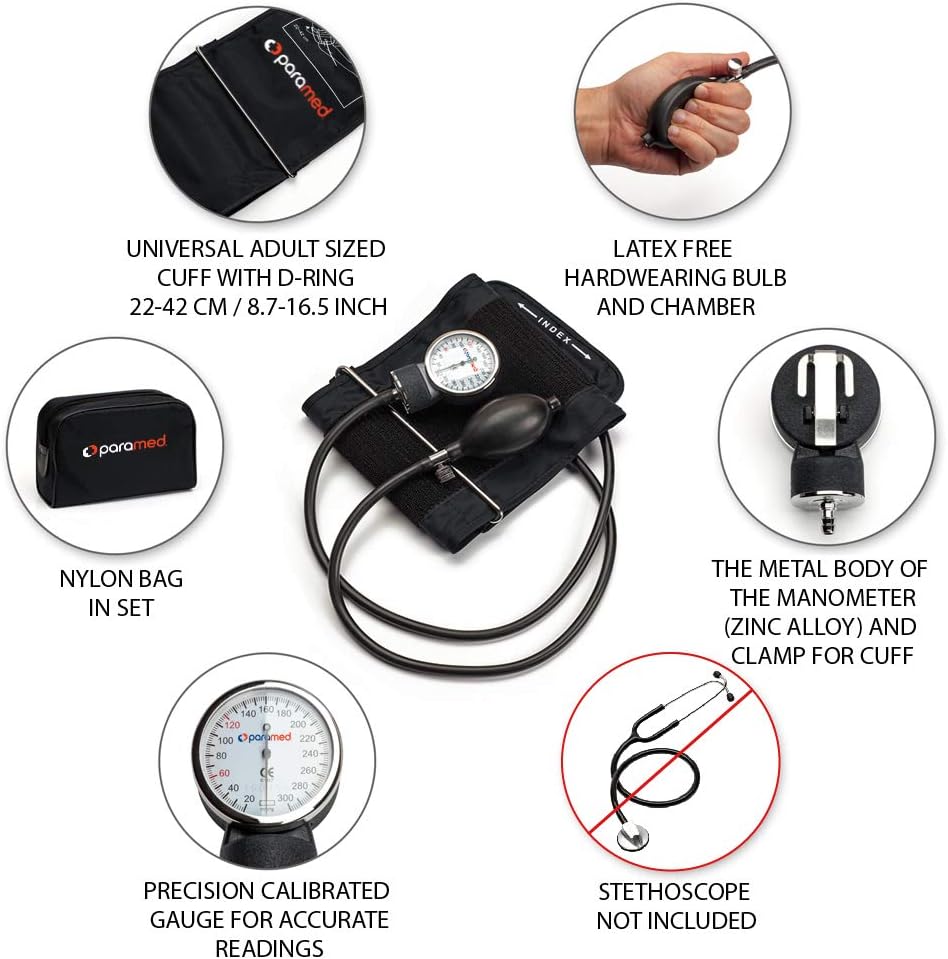 PARAMED Aneroid Sphygmomanometer – Manual Blood Pressure Cuff with Universal Cuff 8.7-16.5" and D-Ring – Carrying Case in the kit – Black – Stethoscope Not Included - Image 2