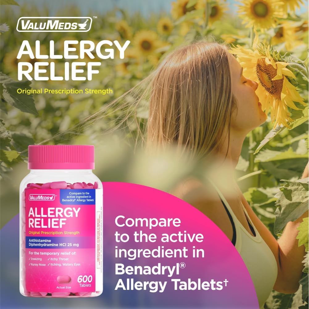 ValuMeds Allergy Medicine Antihistamine, Diphenhydramine HCl 25 mg | Children and Adults | Relieve Itchy Eyes, Runny Nose, Sneezing (25 mg, 600 Count) - Image 2