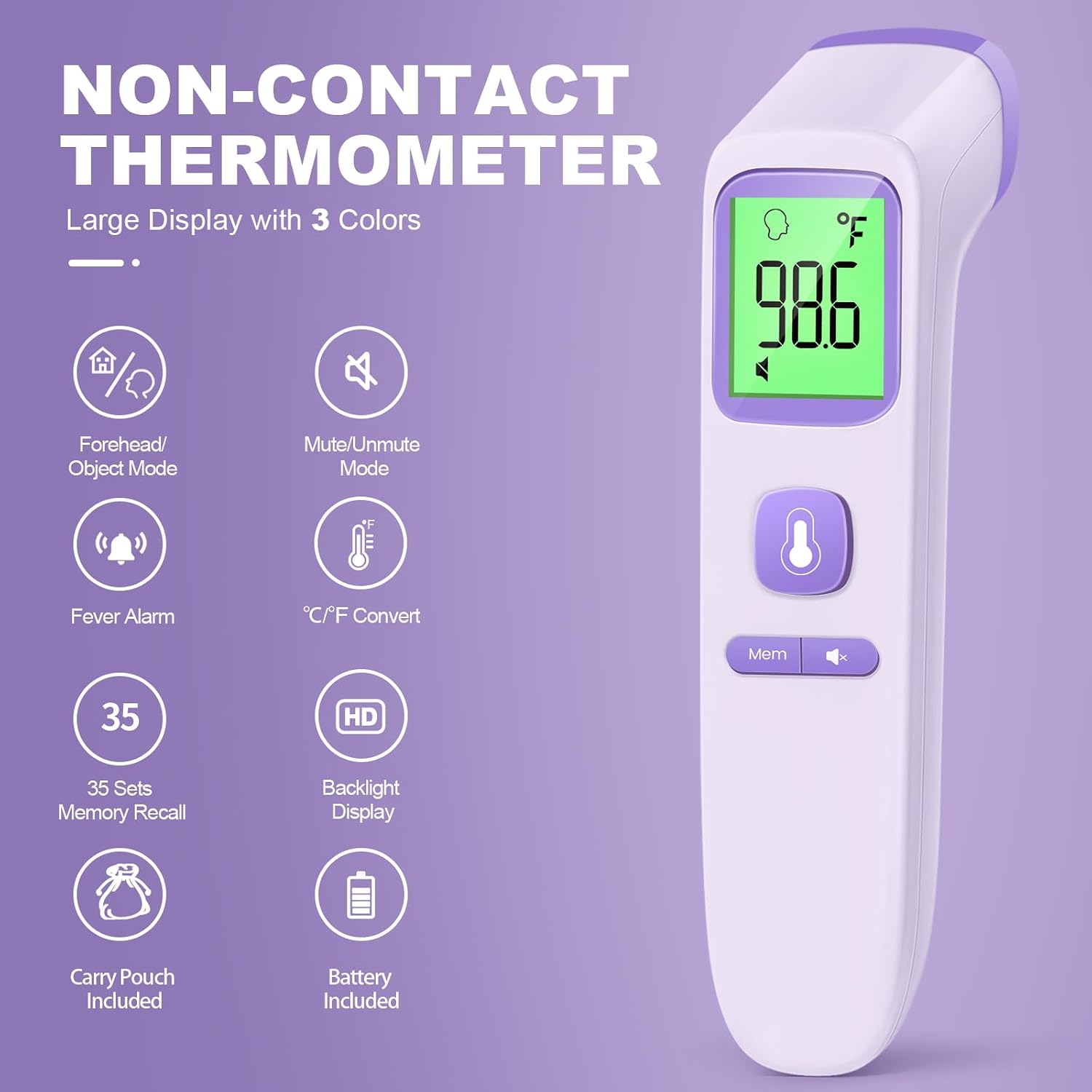 No-Touch Thermometer for Adults, Kids, Babies, 1-Sec Fast Accurate (Purple) | Fever Alarm, Large LCD with 3-Color Backlight, Silent Mode, 35-Reading Memory, Forehead & Object Mode, for Home & Clinic - Image 2