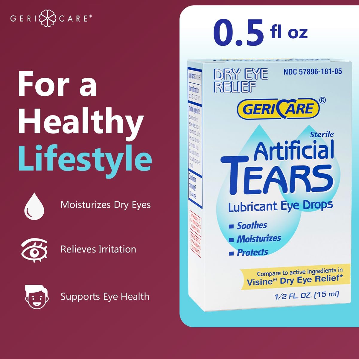 GeriCare Artificial Lubricating Tears, Soothing Eye Hydration Drops, Long Lasting Lubricant Formula for Dry Eyes, 0.5 fl oz Bottle (15ml) (1 Pack) - Image 2
