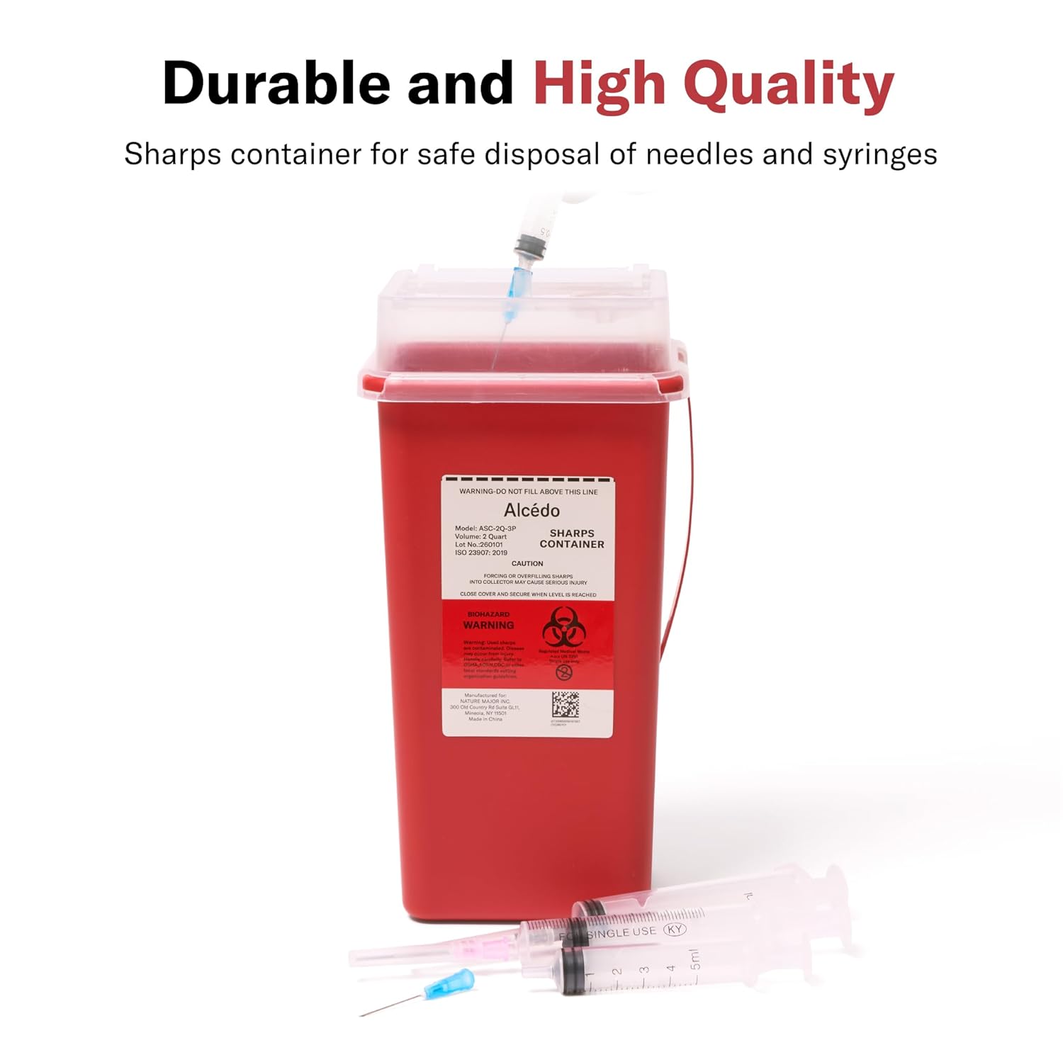 Alcedo Sharps Container 2 Quart (1-Pack) for Home Use & Travel Disposal | Small & Portable, Convenient Handle, Built-In Needle Removal Port, Temporary Safety Closure, Clear Lid - Image 2
