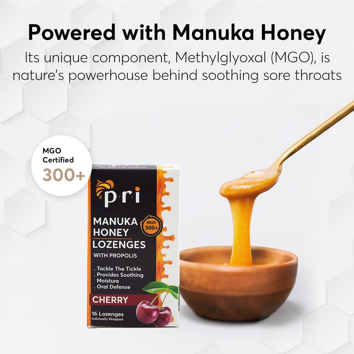 P.R.I Manuka Honey Lozenges with Propolis, Cherry Cough Drops | Natural Throat Drops, MGO 300+ Certified (16 Count, 2 Pack) - Image 3