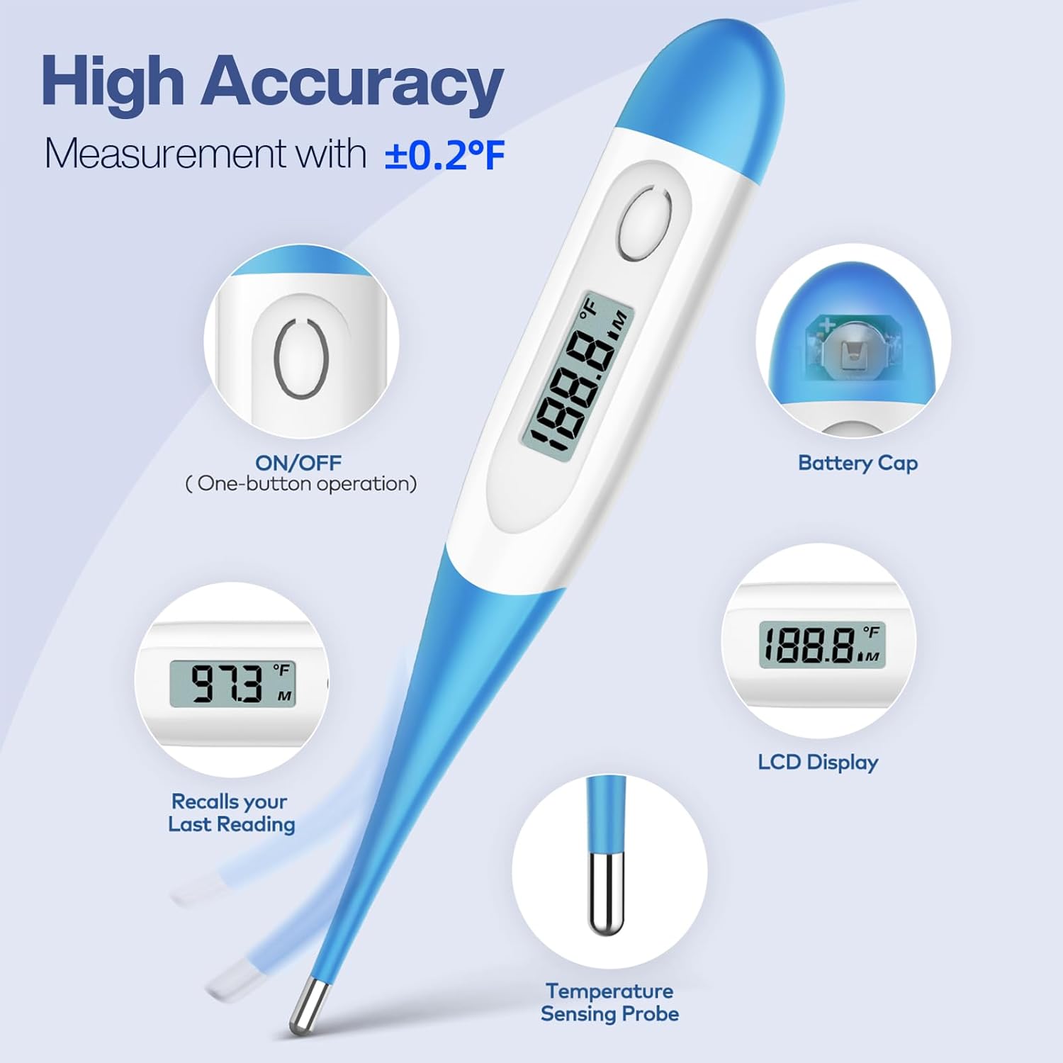Boncare 10 Seconds Oral Thermometer for Adults and Kids, Light Blue | Accurate & Safe, Rectal Digital Thermometer for Baby, Fever Alarm - Image 3
