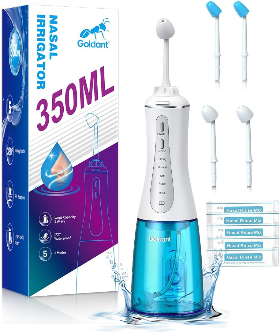 350ML Neti Pot Sinus Rinse Kit, Nasal Irrigation System with 5 Modes, 4 Nozzles, Cordless Rechargeable, IPX7 Waterproof, Nose Cleaner for Sinus Relief (350ML 40 Salt Packets)