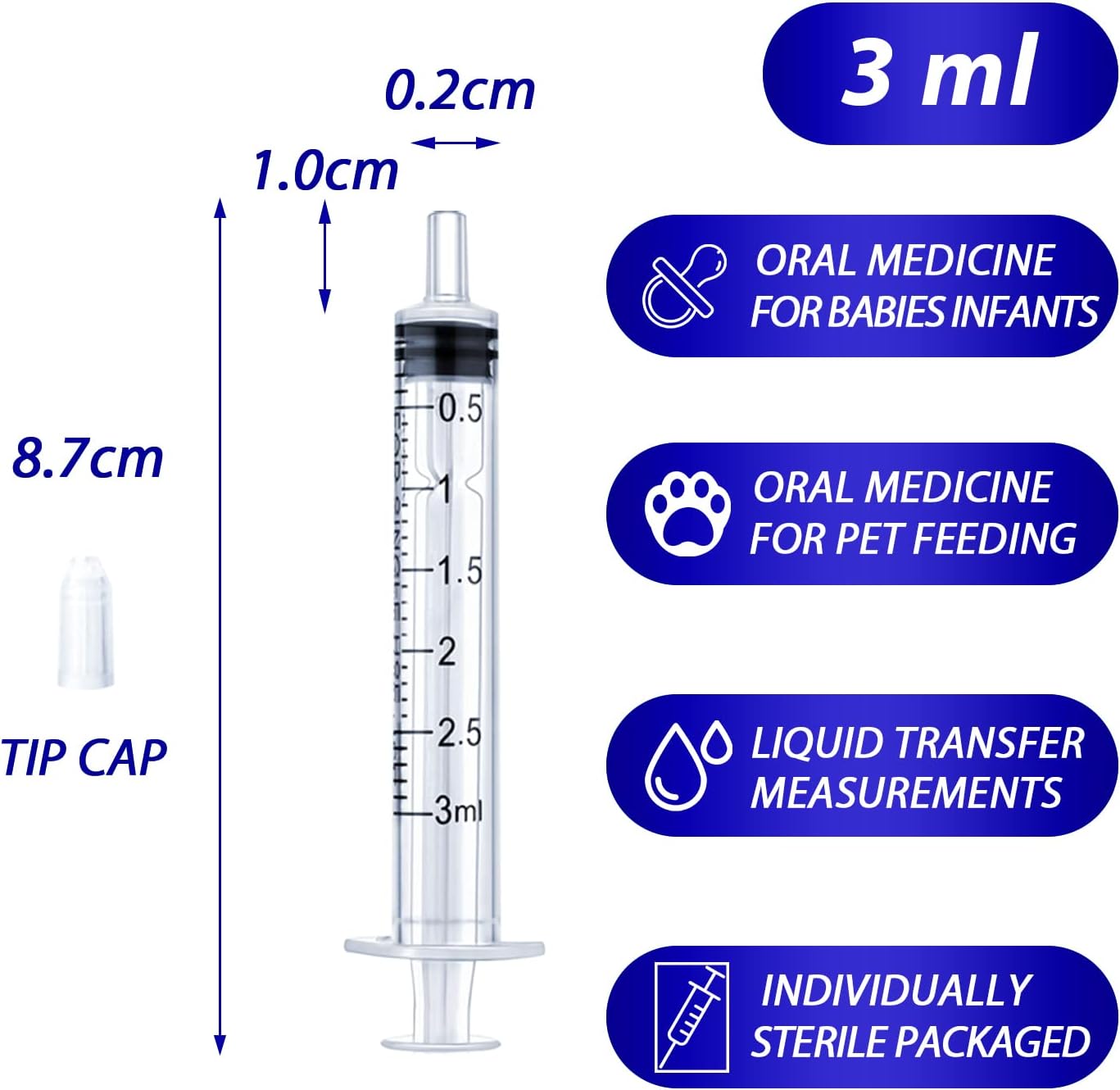 3ml Syringe for Liquid, Oral, Scientific Labs, Measurement, Dispensing, with Cap- 3 Pack 3ml Syringes - Image 2
