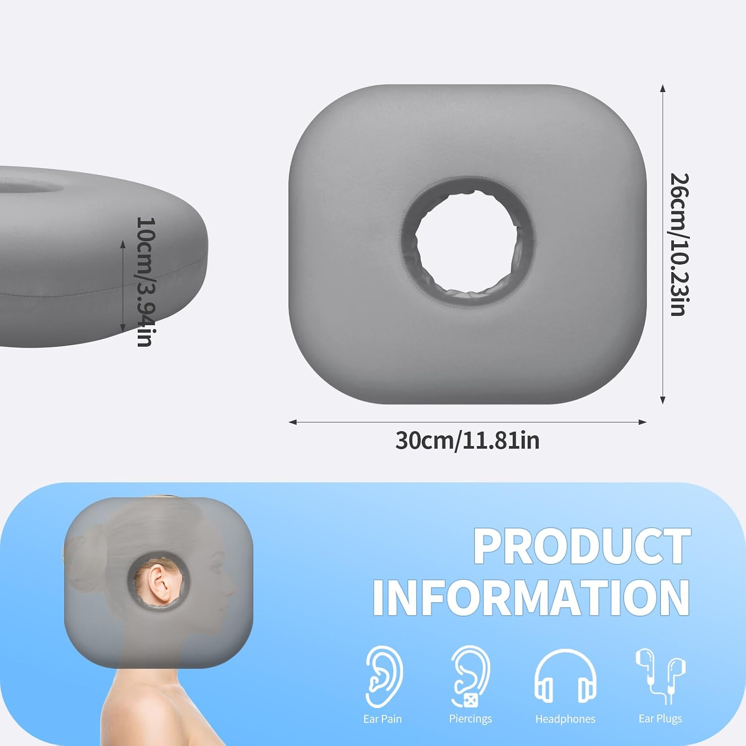 Ear Piercing Pillow with Memory Foam for Side Sleepers with Ear Hole, O-Shaped Side Sleeping Pillow for CNH, Ear Pain, Inflammation & Pressure Sores Ear Guard Pillow, Gray - Image 3