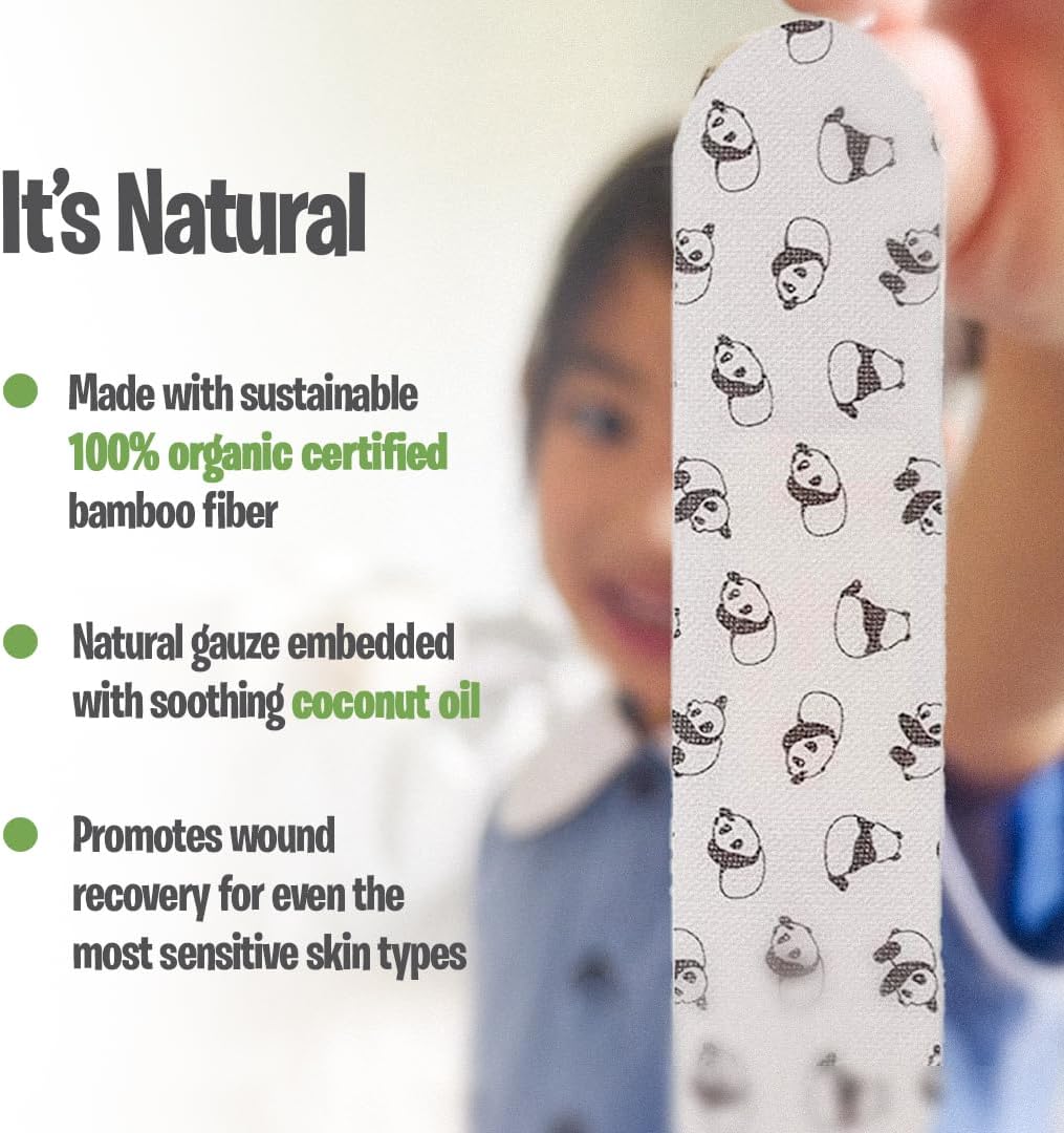 PATCH 100 Pieces, Coconut Oil, Value Pack, Kids Panda Eco-Friendly Bamboo Adhesive Bandages for Scratches & Grazes, Hypoallergenic Wound Care for Sensitive Skin, Biodegradable, Latex & Plastic Free - Image 4