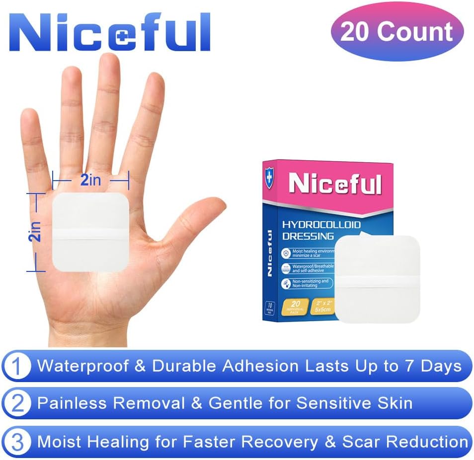 Niceful Hydrocolloid Bandages 2"x2", 20 Count | Waterproof, Advanced Healing, Extra Thin, Hydrocolloid Dressing Patches, for Blisters, Mild burns, Bed Sores - Image 2