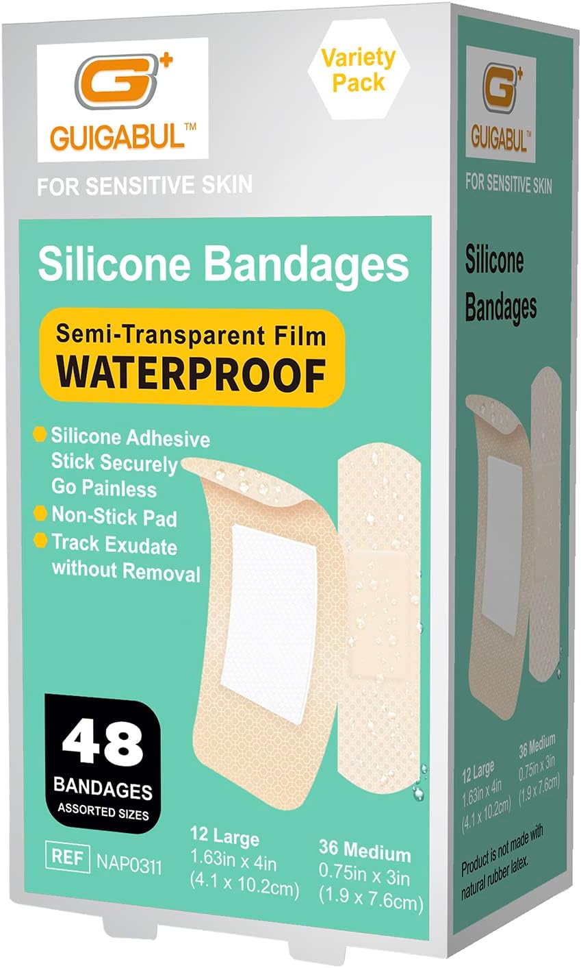 Waterproof Silicone Bandages for Sensitive Skin Variety Pack | 48 Counts Painless Removal Hypoallergenic Latex Free 0.75"x3" (36 Counts) and 1.63"x4" (12 Counts) - Image 6