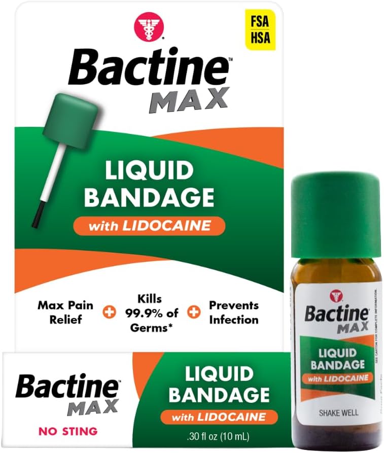 Bactine MAX Liquid Bandage with Lidocaine, Wound Cleaning Solution That Kills 99% of Germs, Covers and Protects Skin, Fast-Drying Protective Seal, 0.30 fl oz | Wound Cleaning Solution with Lidocaine, Covers and Protects Skin, Fast-Drying Protective Seal, No Sting