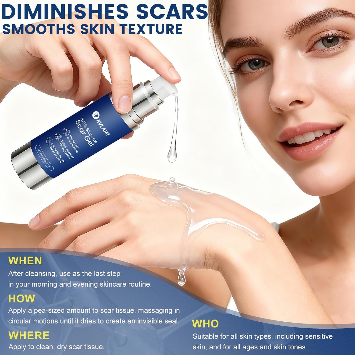 Rvlaim 100% Advanced Silicone Scar Gel for Old & New Scars,1.7oz/50ml | Hypoallergenic and Fast-absorbing Effective for Surgical, Burns, Acne, C-Section, Keloid Scars and Stretch Marks - Image 8