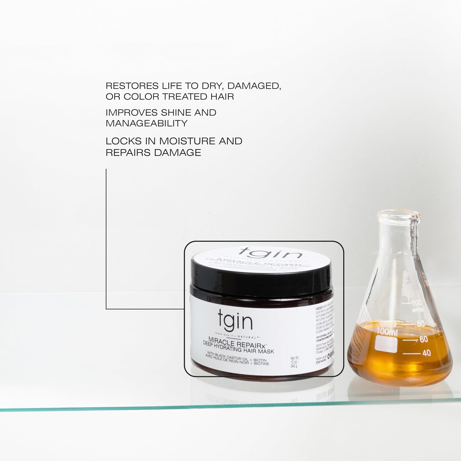tgin Miracle RepaiRx Deep Hydrating Hair Mask – Moisture & Breakage Control | Deep Conditioner Formula with Biotin & Black Castor Oil for Wavy Locks – Hair Moisturizer for Dry Curls – 12 Oz - Image 3