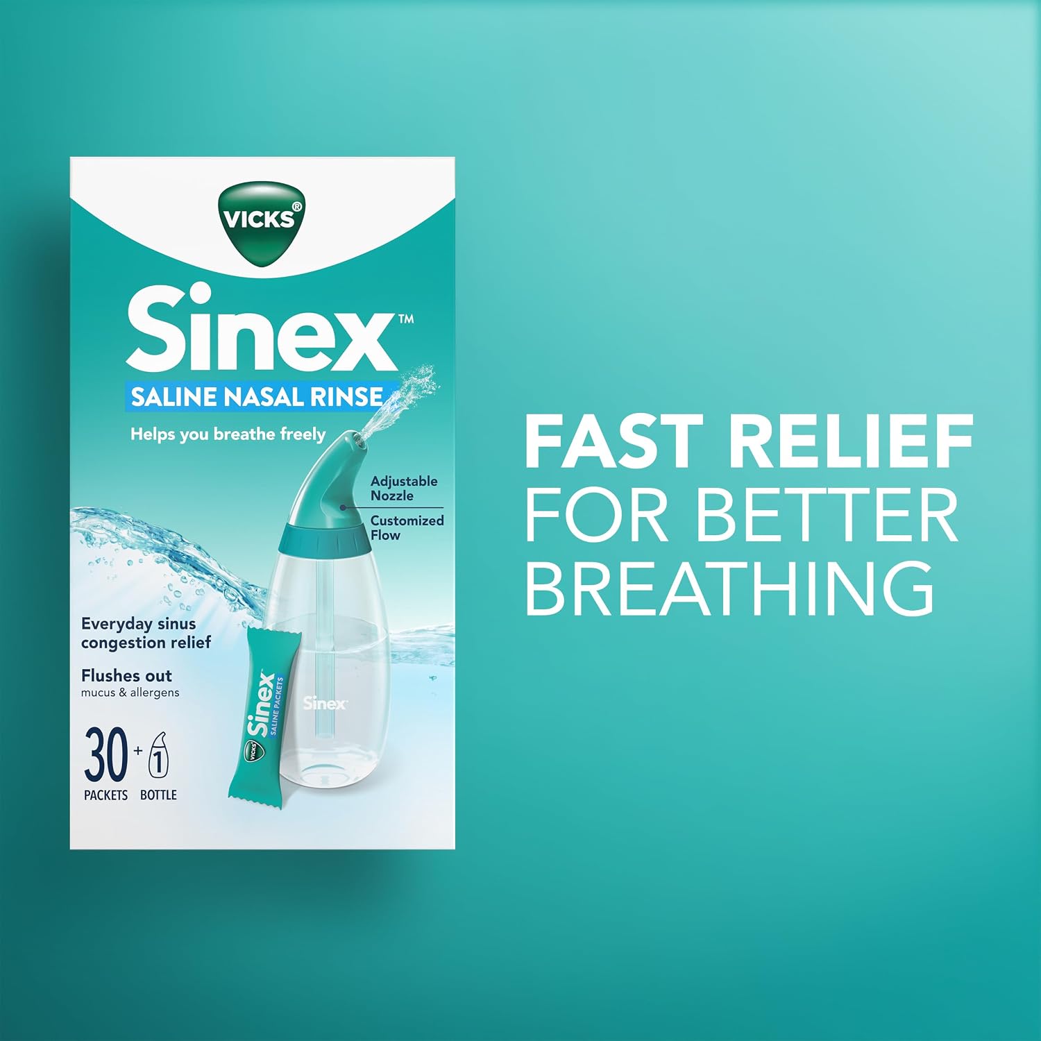 Vicks Sinex Saline Nasal Rinse Starter Kit, Drug Free Saline, Flush Out Mucus and Allergens, Fast & Effective Relief for Everyday Congestion from Sinus & Allergy, 1 Bottle + 30 Refill Packets - Image 9