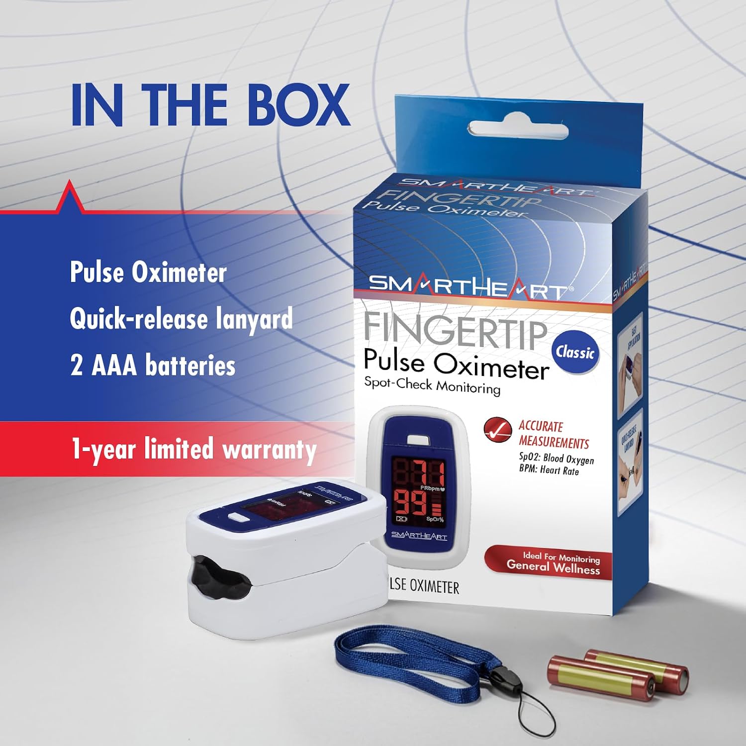 SmartHeart Fingertip Pulse Oximeter | Pulse Rate Monitor, Blood Oxygen Saturation, LED Display, Portable for Home & Sports Use, Lanyard & Batteries Included - Image 7