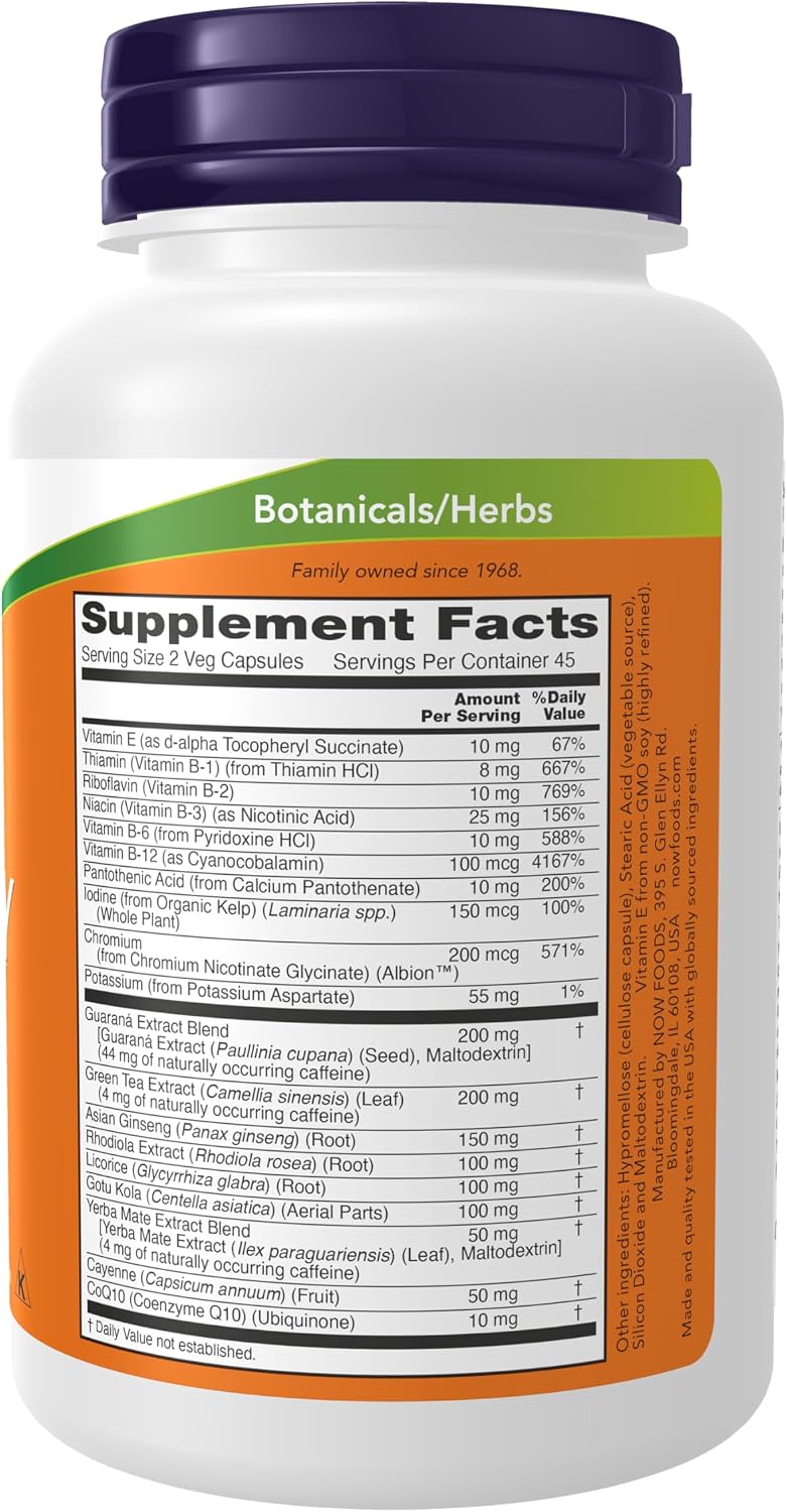NOW Foods Supplements, Energy Dietary Supplement (lncludes B Vitamins, Green tea, Panax Ginseng and Rhodiola), 90 Capsules - Image 2