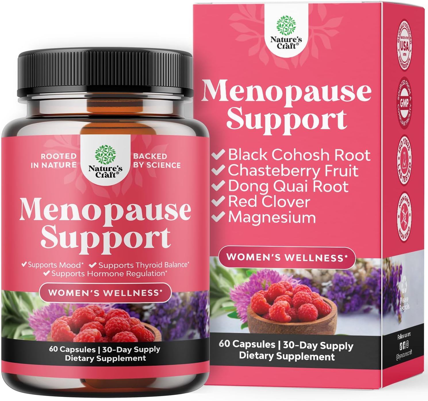 Natures Craft Complete Herbal Menopause Supplement for Women - Female Hormone Balance Capsules for Night Sweats Hot Flashes & Mood Swings with Dong Quai, Chaste Berry & Black Cohosh Root - 60 Count