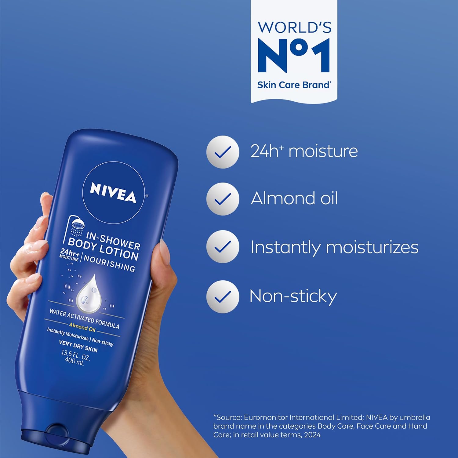 NIVEA Nourishing In Shower Lotion, 24-Hour Body Moisturizer, 13.5 FL OZ | Water Activated In Shower Moisturizer with Almond Oil for Dry to Very Dry Skin, Non Sticky - Image 2