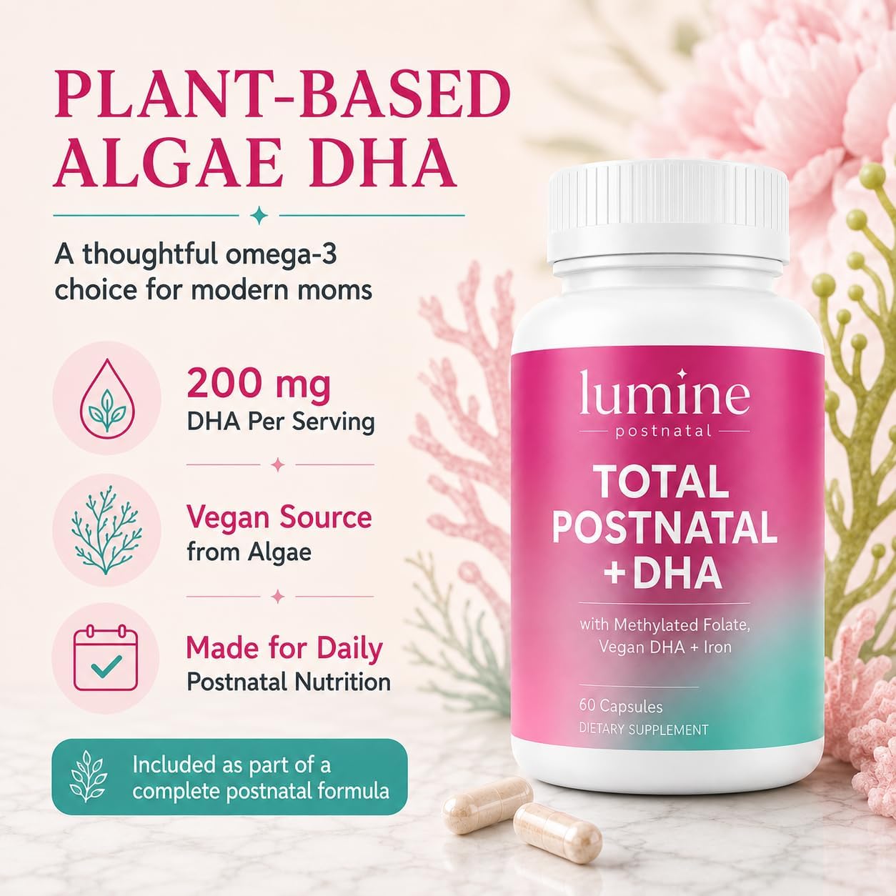 LUMINE Organics Postnatal Vitamins for Women 60 Capsules | Postnatal Nutrition with 20 Essential Nutrients, 200 mg Plant-Based DHA, Methylated Folate, Iron and Biotin for New Moms - Image 5