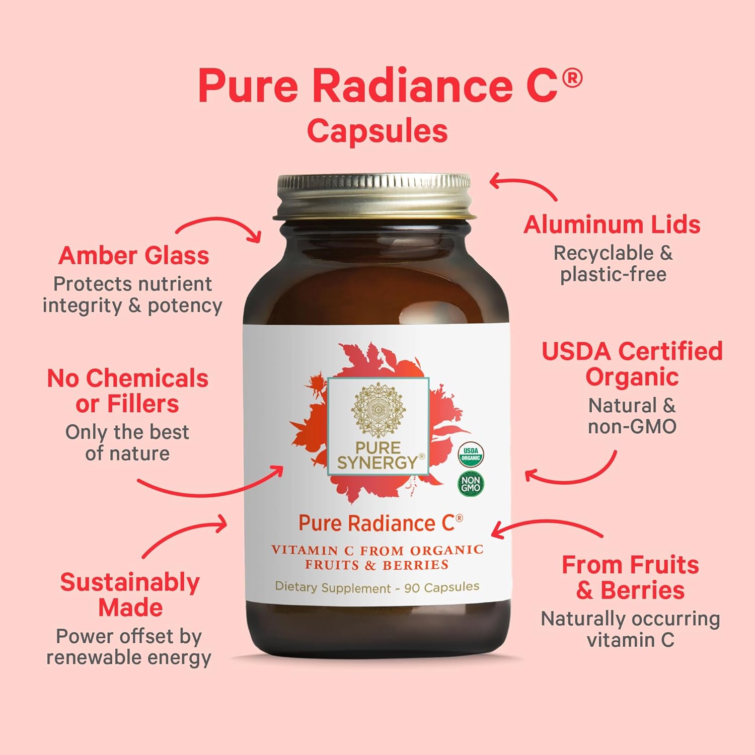 PURE SYNERGY Pure Radiance C | Organic Vitamin C Capsules | 100% Natural, Whole Food, Non-GMO Supplement with Organic Camu Camu | for Immune and Collagen Support (90 Capsules) - Image 3