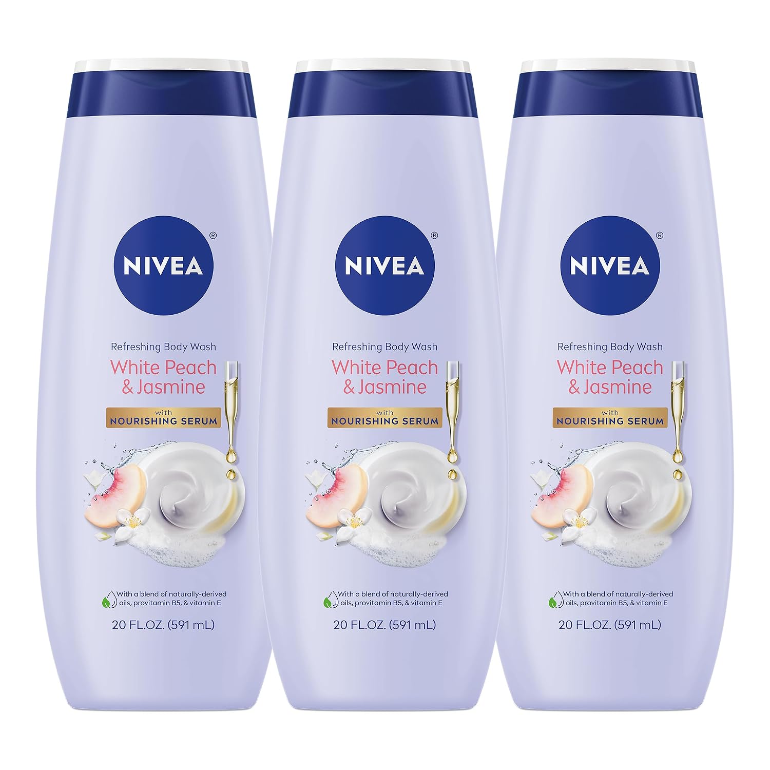 NIVEA Refreshing White Peach and Jasmine Body Wash, Multipack, 3 x 20 FL OZ | Scented Body Wash for Women with Nourishing Serum, Enriched with Provitamin B5 and Vitamin E, Paraben Free