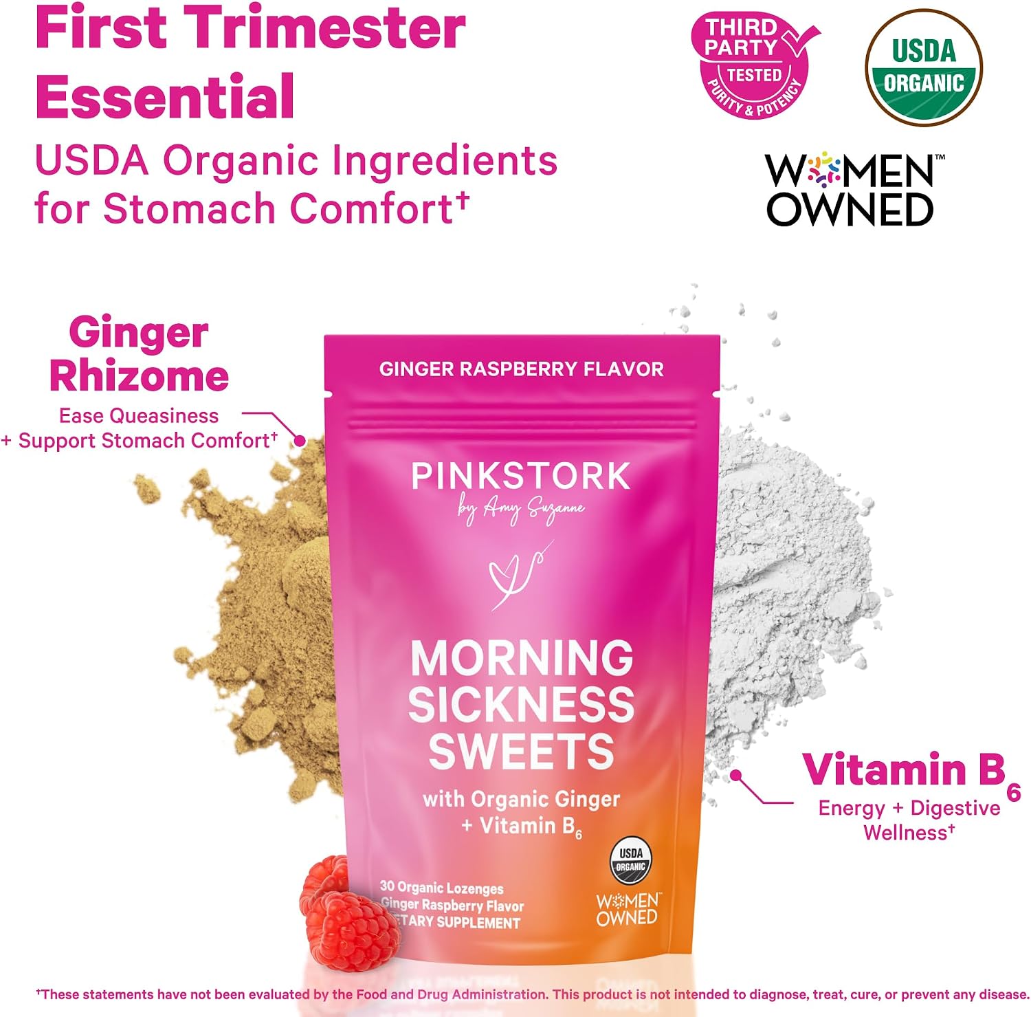 Pink Stork Morning Sickness Sweets Organic Raspberry Ginger, 30 Count | USDA Organic Ginger + Vitamin B6, Motion Sickness Support, Digestive Comfort + Heartburn Support, 30 Wrapped Drops - Image 2