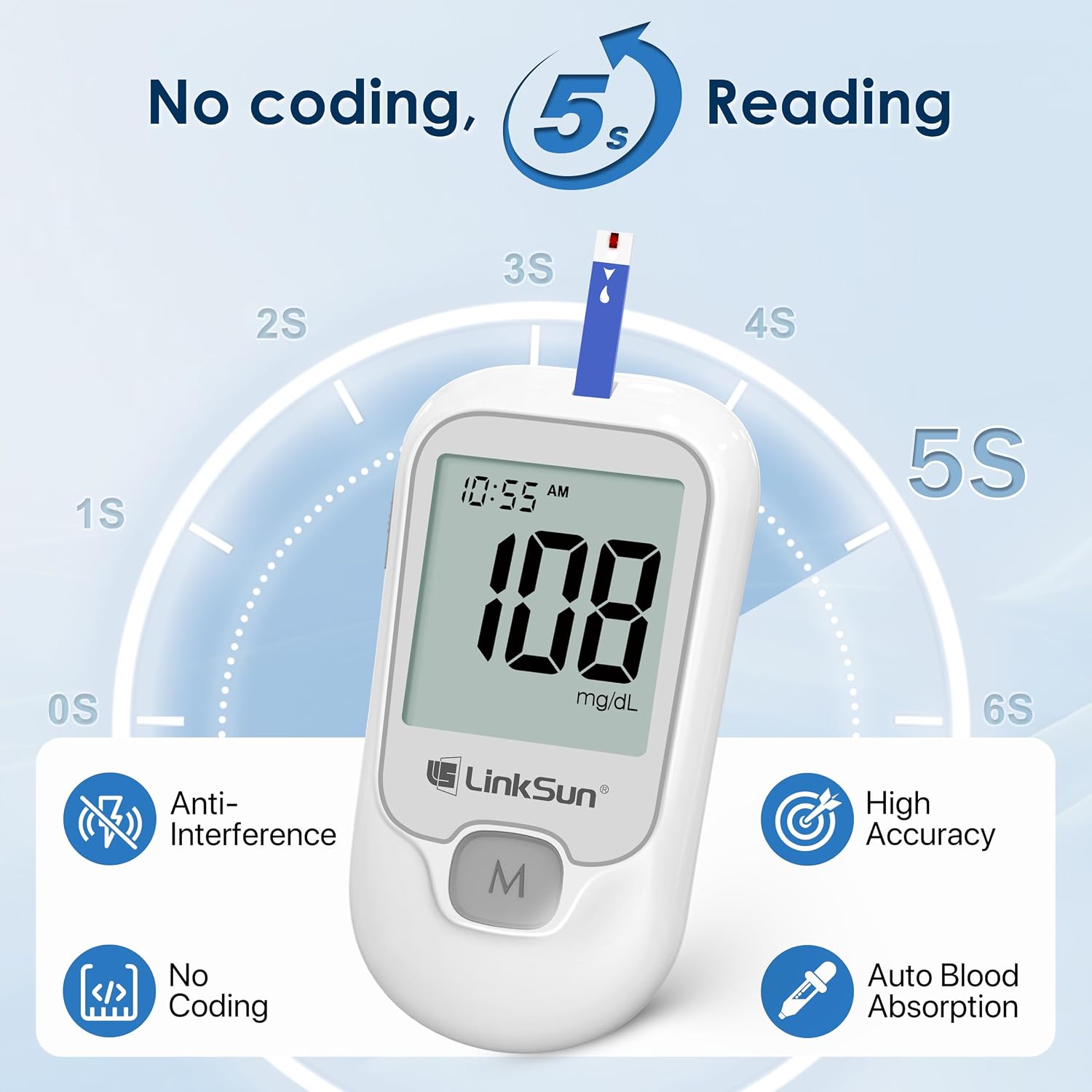LinkSun G-425-1 Glucose Monitor Kit, 100 Strips & Lancets for Diabetes | 1 Control Solution, 1 Lancing Device & Large Display Blood Sugar Testing Kit for Seniors, Easy-to-Use Glucometer for Home Use - Image 3