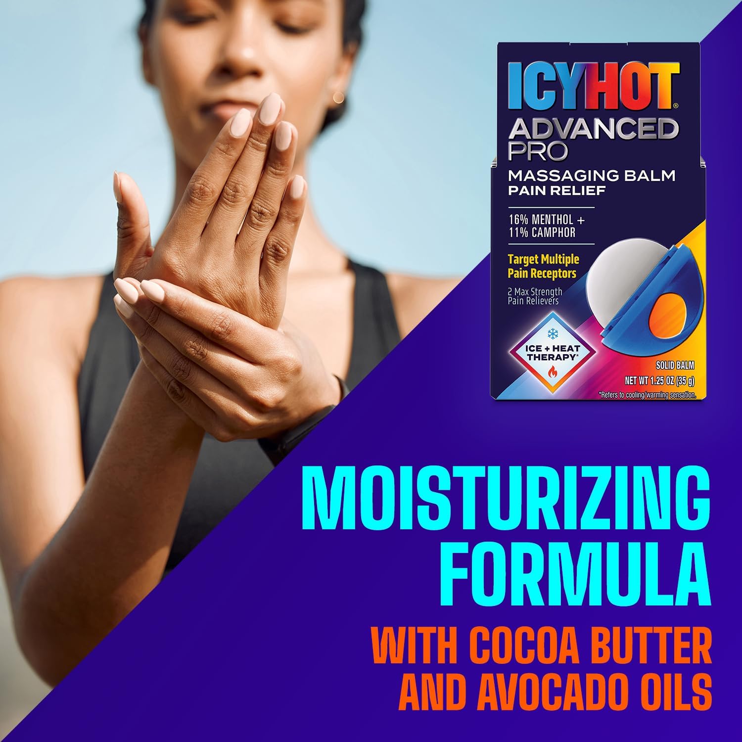Icy Hot Advanced PRO Pain Relief Massaging Balm, Fast-Acting Max Strength Pain Relief With Menthol 16% and Camphor 11% for Backaches, Joints, Muscle Strains and Arthritis, Essential Oil Scent, 1.25 oz - Image 8