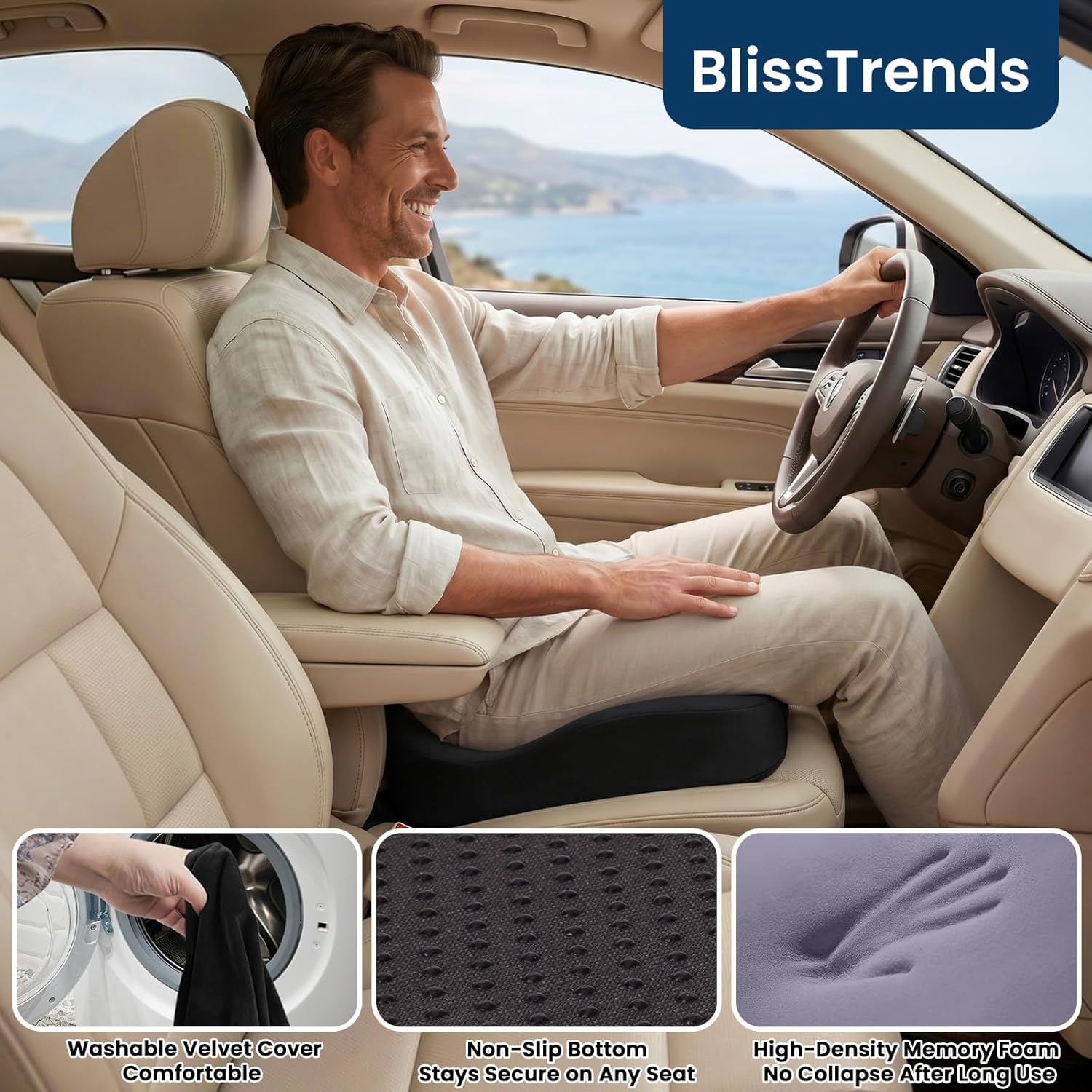 BlissTrends Memory Foam Seat Cushion for Office Chair & Car Seat, Black | 4.7in Ergonomic Tailbone & Sciatica Support with Removable Velvet Cover for Pressure Relief and Long Sitting Comfort - Image 7