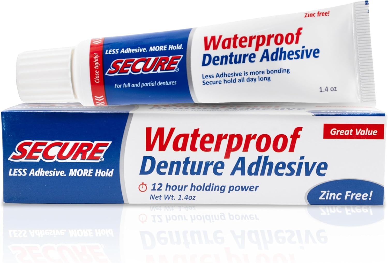 Secure Denture Adhesive Cream, Zinc Free Denture Glue, 1.4 oz | Waterproof Seal - Food Grade Ingredients - Less Adhesive, More Hold - Tube Lasts Up to 8 Weeks