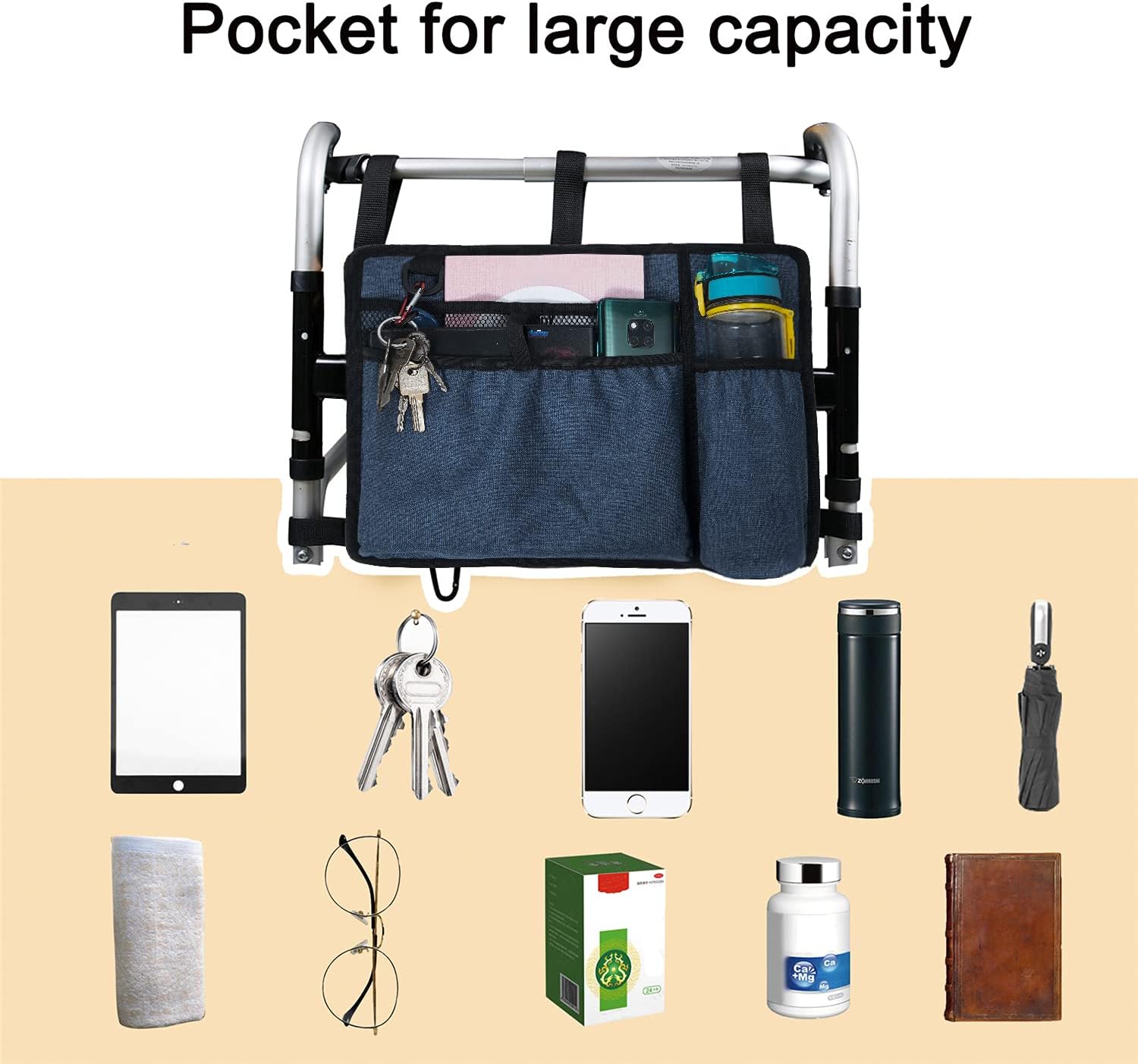 Caroo Walker Bag Basket with Cup Holder Suit for Adult Folding Walkers Rollator Organizer Carry Storage Pouch Water-Resistant Armrest Accessories for Seniors, Elderly, Handicap, Blue - Image 6