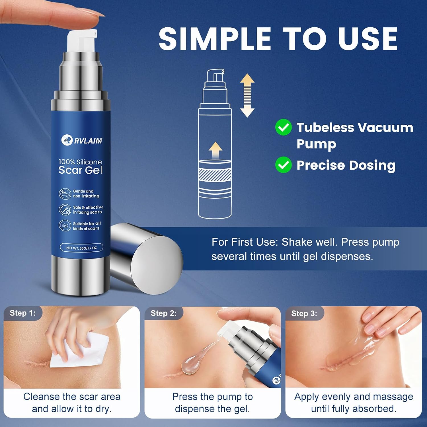 Rvlaim 100% Advanced Silicone Scar Gel for Old & New Scars,1.7oz/50ml | Hypoallergenic and Fast-absorbing Effective for Surgical, Burns, Acne, C-Section, Keloid Scars and Stretch Marks - Image 7