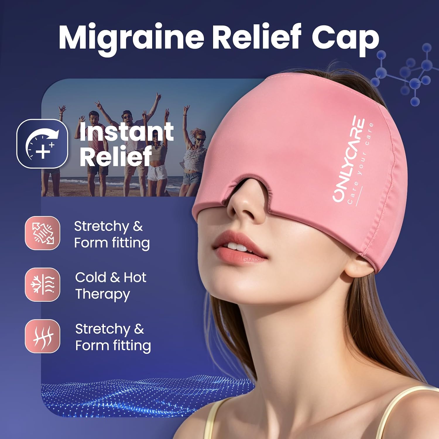 ONLYCARE Migraine Relief Cap, Headache Relief Cold Cap for Migraine Relief | Soothing Headache Ice Face Pack Mask, Cold Compress Head Wrap for Sinus, Tension, Stress, Hangover, Self Care Gifts for Women - Image 2