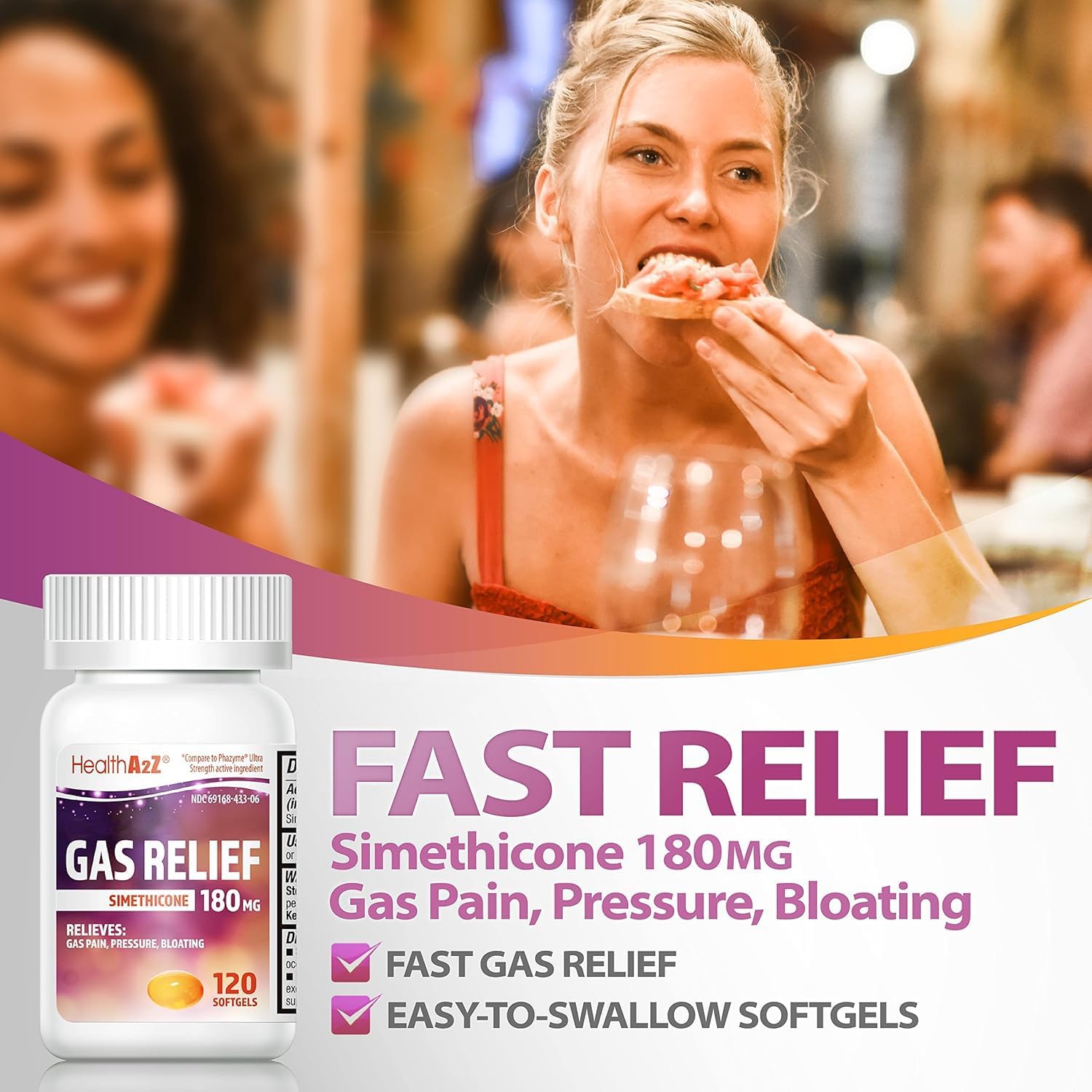 HealthA2Z® Gas Relief, Simethicone 180mg, Fast Acting Gas Relief, Bloating, Pressure, Stomach Discomfort, Anti Flatulence, 120 Softgels - Image 5