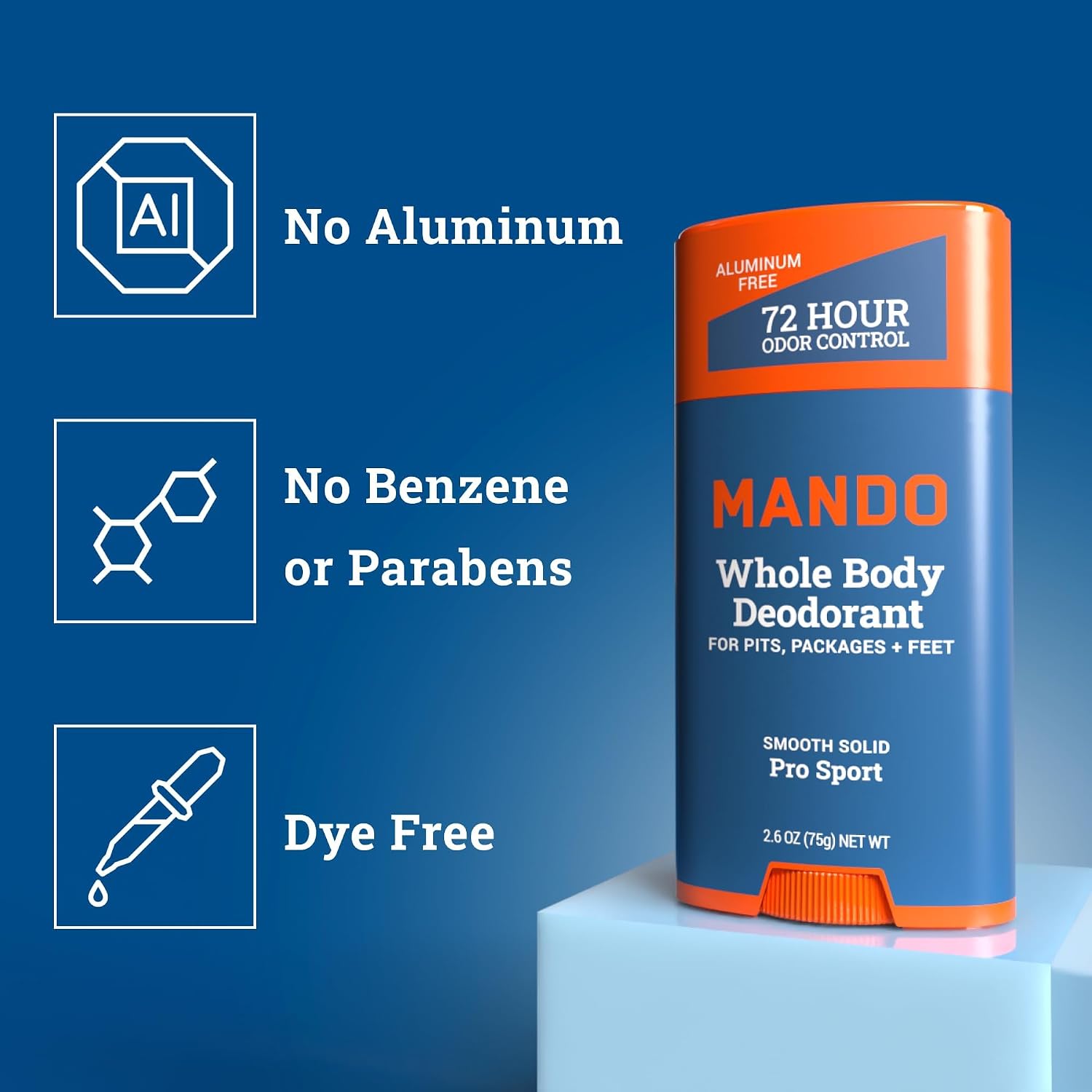 Mando Whole Body Deodorant For Men - Solid Stick - 2.6 oz, 2 pk - Pro Sport | 72 Hour Odor Control with Mandelic Acid. Use on underarms, chest, feet & below the best. Aluminum Free & Baking Soda Free - Image 3
