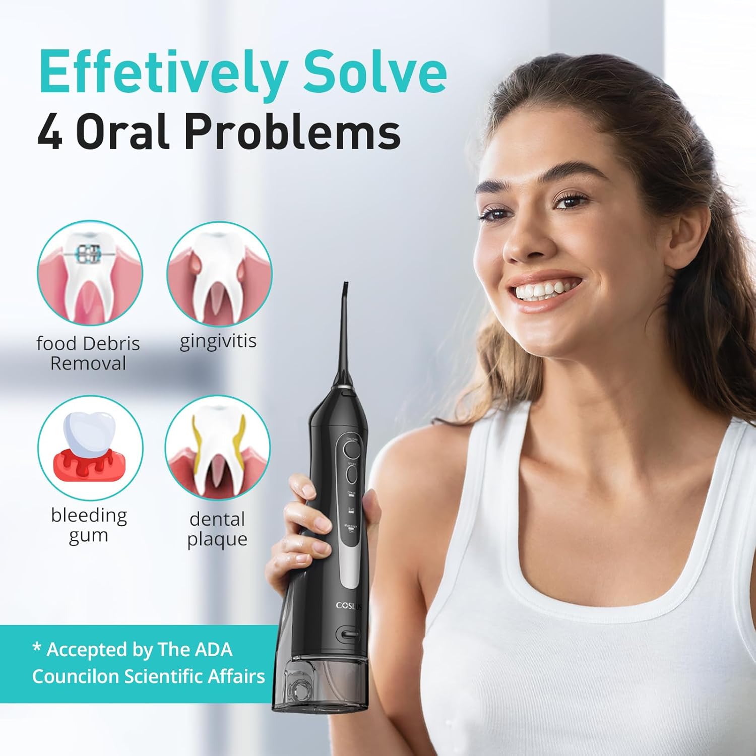 COSLUS ADA Accepted C20 Water Dental Flosser Teeth Pick, 300ML Larger Tank | Portable Rechargeable Oral Irrigator for Orthodontic & Sensitive Gums, Cordless for Travel, Family, Professional Set, Black - Image 7