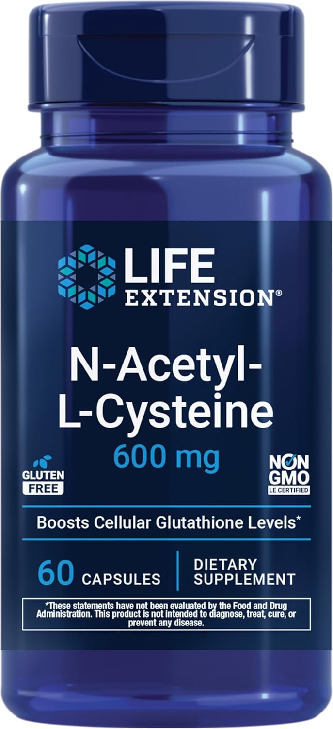 Life Extension N-Acetyl-L-Cysteine (NAC), Immune, Respiratory, Liver Health, NAC 600 mg, Potent antioxidant Support, Free-radicals, Easy to Absorb, 60 Capsules