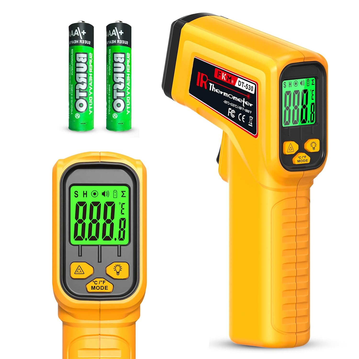 FKM Infrared Thermometer Gun Non-Contact Laser Temperature Gun,-58°F~986°F | Adjustable Emissivity,Digital IR Thermometer Gun for Cooking,Griddle,Pizza Oven,BBQ,HVAC,Automotive,Industrial,Not for Human