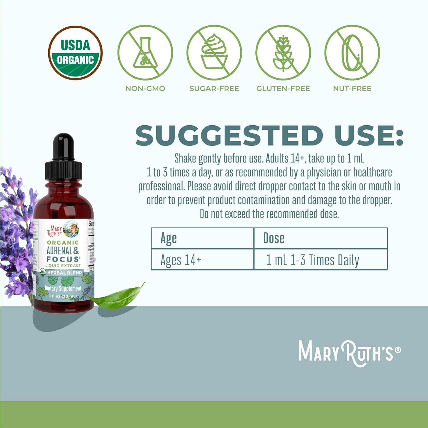 MARYRUTH'S Adrenal & Focus Drops | Supplement for Focus & Stress Support | Adaptogenic & Nervine Herbs | Ginkgo Leaf, Astragalus Root, & More | Vegan | USDA Organic | CLP Certified | Non-GMO | 1 oz | Adaptogenic & Nervine Herbs, Ginkgo Leaf, Astragalus Root, & More, Vegan, USDA Organic, CLP Certified, Non-GMO, 1 oz - Image 3