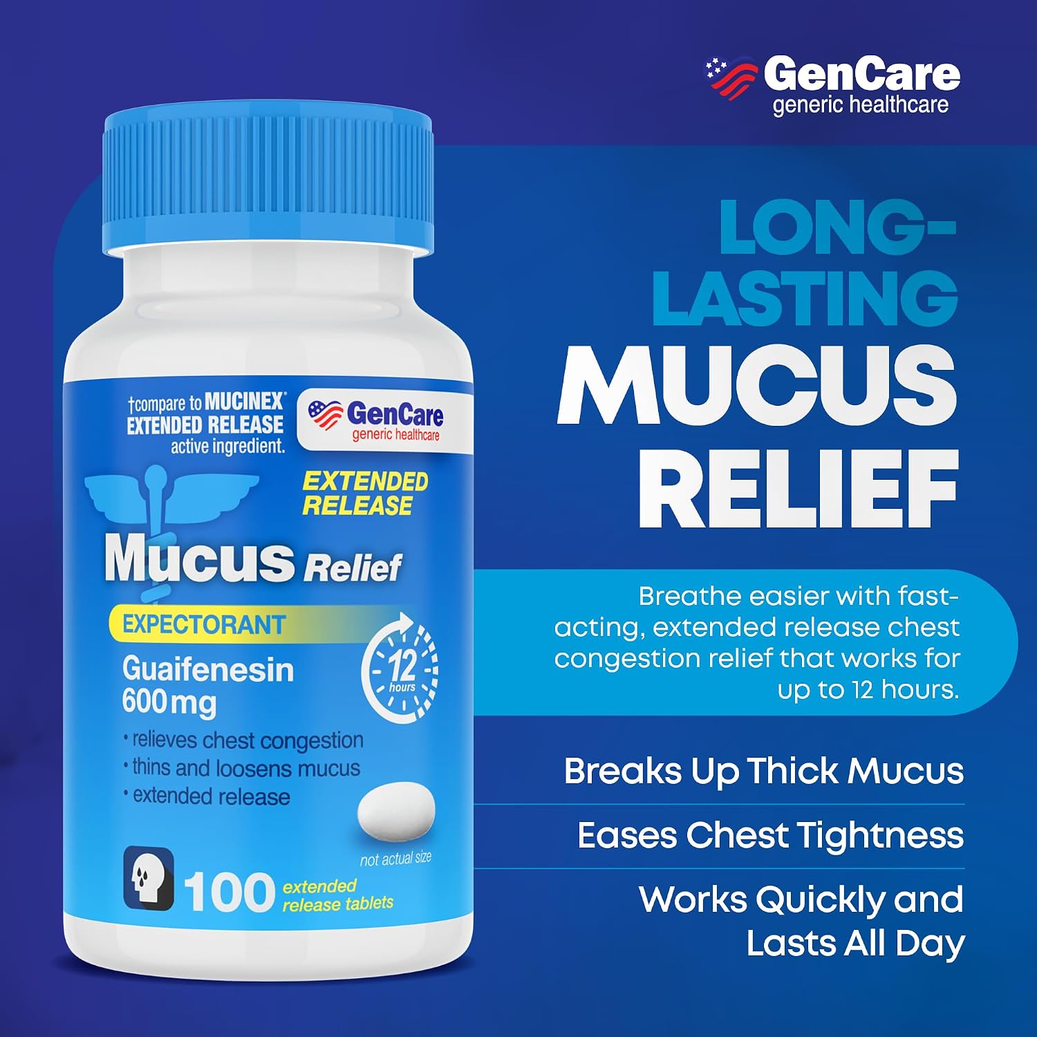 GenCare Mucus Relief Guaifenesin 600mg Extended-Release, 100 Ct | Compares to Mucinex; 12-hour expectorant relief for chest congestion & cough, thins and loosens mucus fast - Image 2