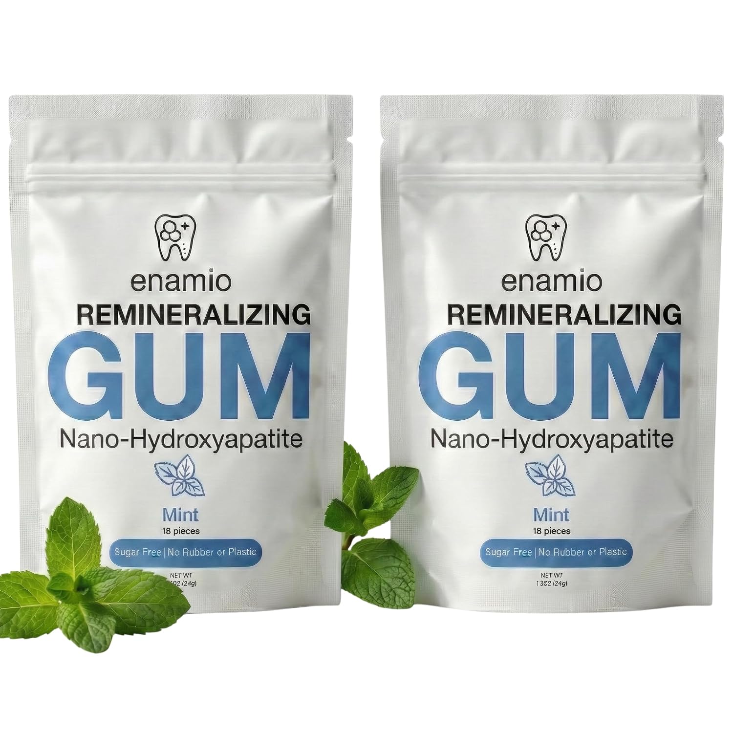 Enamio Remineralizing Gum, Nano Hydroxyapatite Gum, Xylitol Gum Mint 2 Pack | Plastic free chicle base, sugar free, no aspartame, made in USA, strengthens enamel, fights cavities, freshens breath