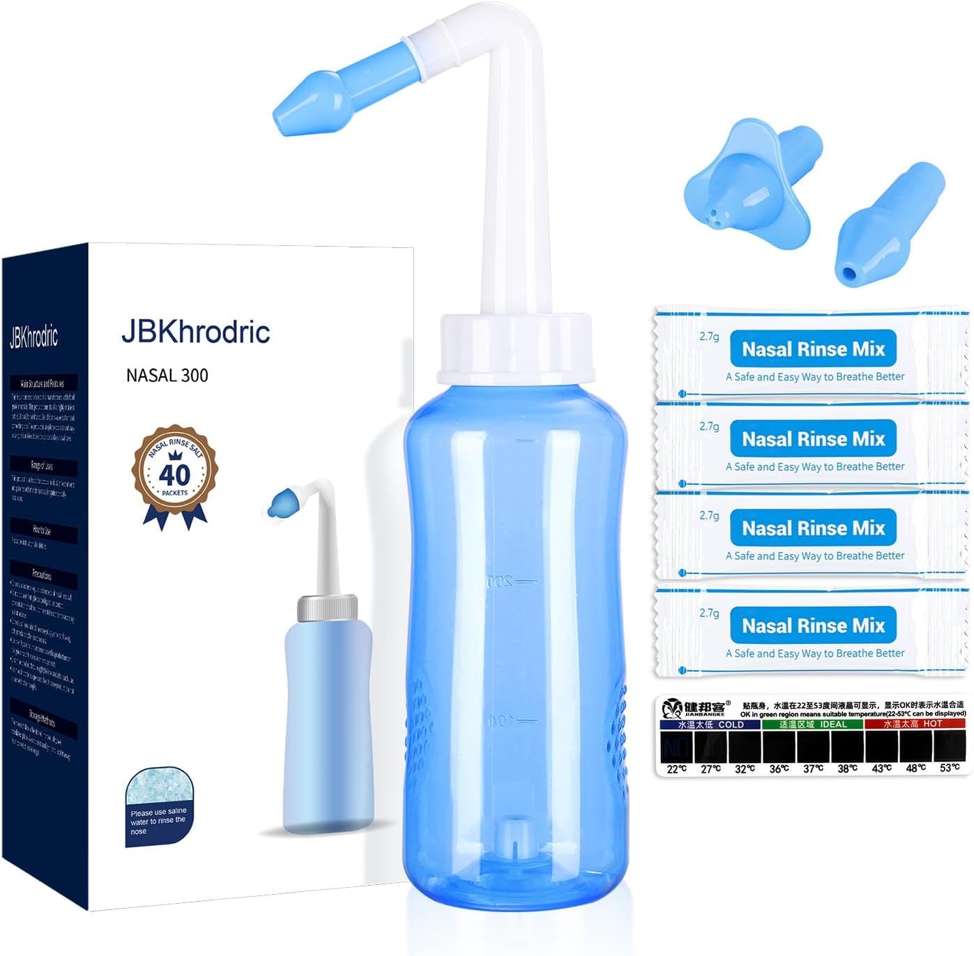 Neti Pot Sinus Rinse Bottle,Nasal Wash Bottle,Sinus Rinsing Cleaner Pressure Rinse Nasal Irrigation with Sticker Thermometer for Adult & Kid (300ml with 40 Nasal Wash Salt Packets)