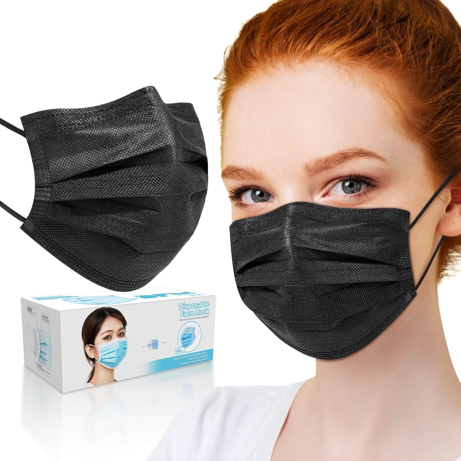 50 PCS Black Disposable Face Masks ...