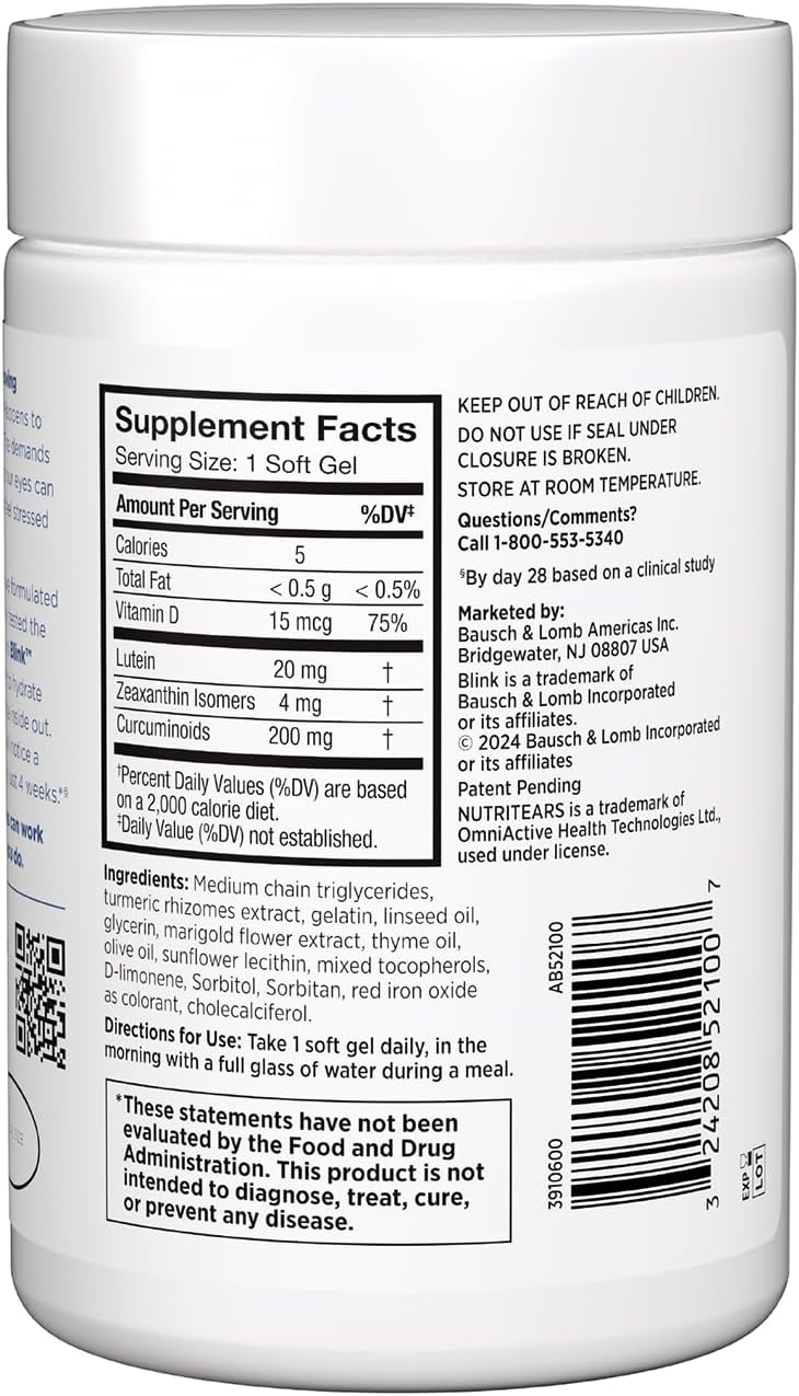 Blink NutriTears Clinically Proven Supplement for Dry Eyes, Eye Care with Lutein & Zeaxanthin and Vitamin D to Hydrate Eyes from Within for Long-Lasting Relief, 50 Softgels - Image 9