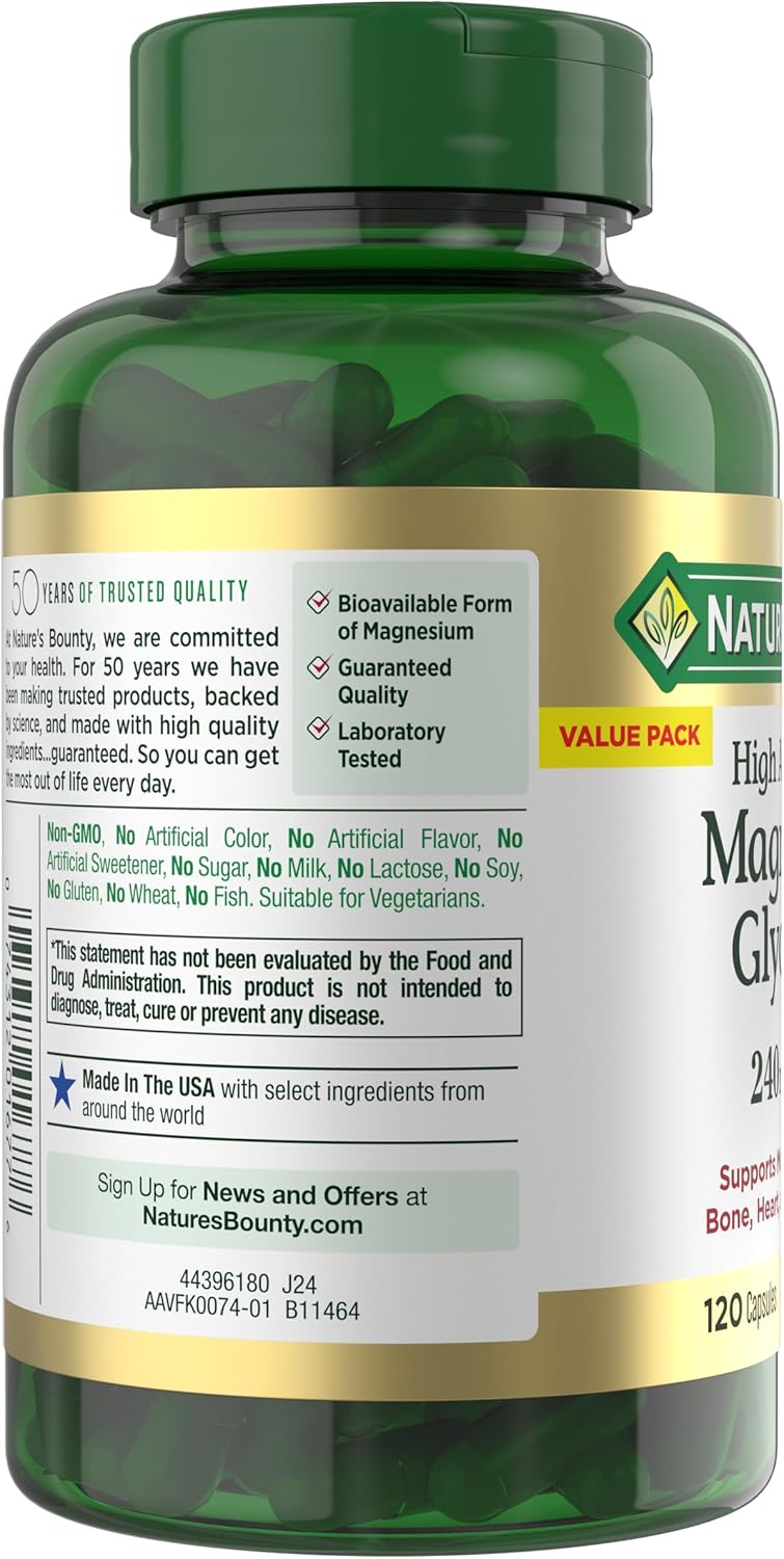 Nature’s Bounty High Absorption Magnesium Glycinate 240 mg for Supporting Muscle Relaxation and Bone, Heart & Nerve Health – Non-GMO, Gluten-Free, Vegetarian, 120 Count/60 Servings - Image 10