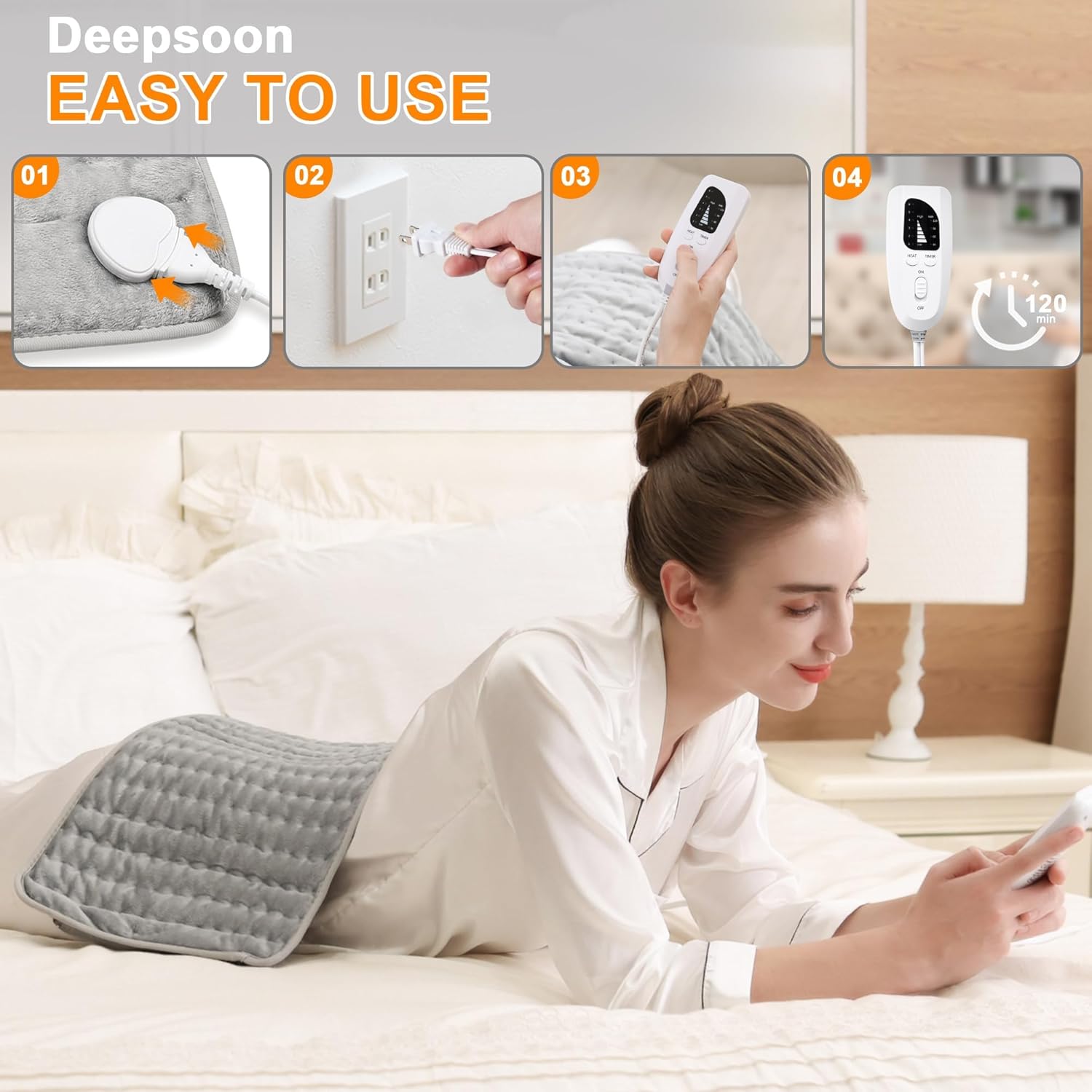 Heating Pad,Heated Blanket,Heating Pad for Back Neck,Grey,24x12 Inch | Electric Heating Pad,Dry/Moist Heat Heating Pads,Heating Pads for Shoulder,Abdomen,Heat Pad for Women Men,Birthday Gift - Image 3