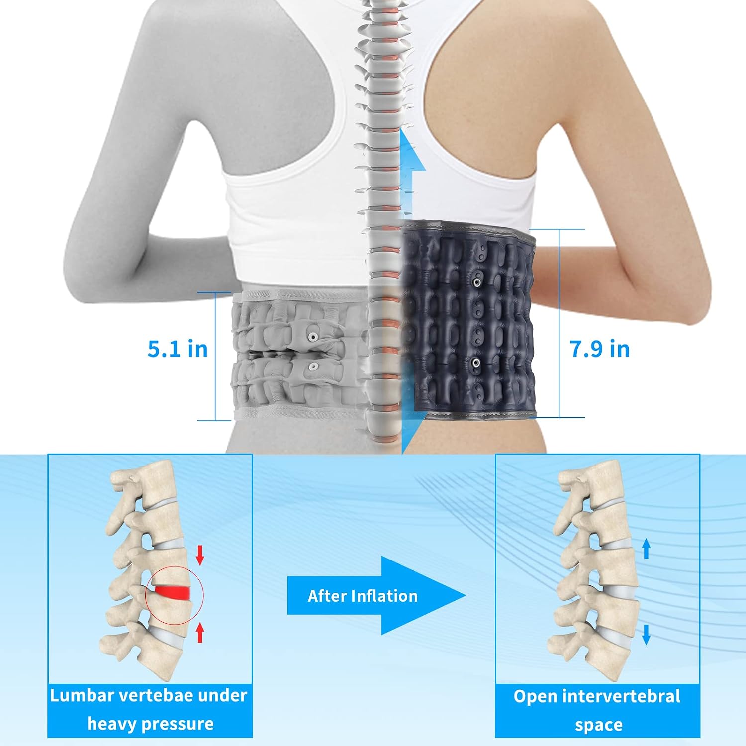Decompression Back Belt, Inflatable Back Brace for Back Pain, Blue | Inflatable air columns for lumbar support, Relieves herniated disc & lumbar strain, Fits 29"-49" waist, Restores spinal curve - Image 2