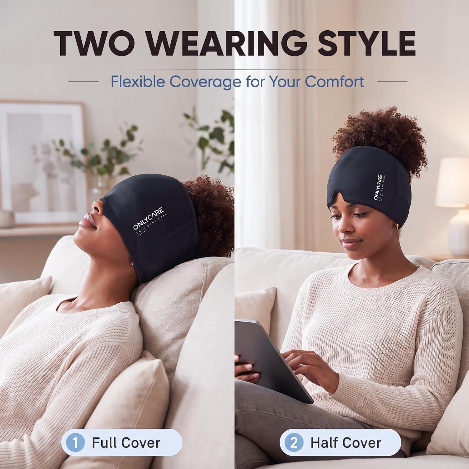 ONLYCARE Migraine Relief Cap, Headache Relief Cold Cap with Odorless Gel | Cooling Hat Head Wrap Soothing Face Ice Pack Mask Products for Tension Stress Hangover & Puffy Eyes, Relaxing Gifts for Women - Image 5