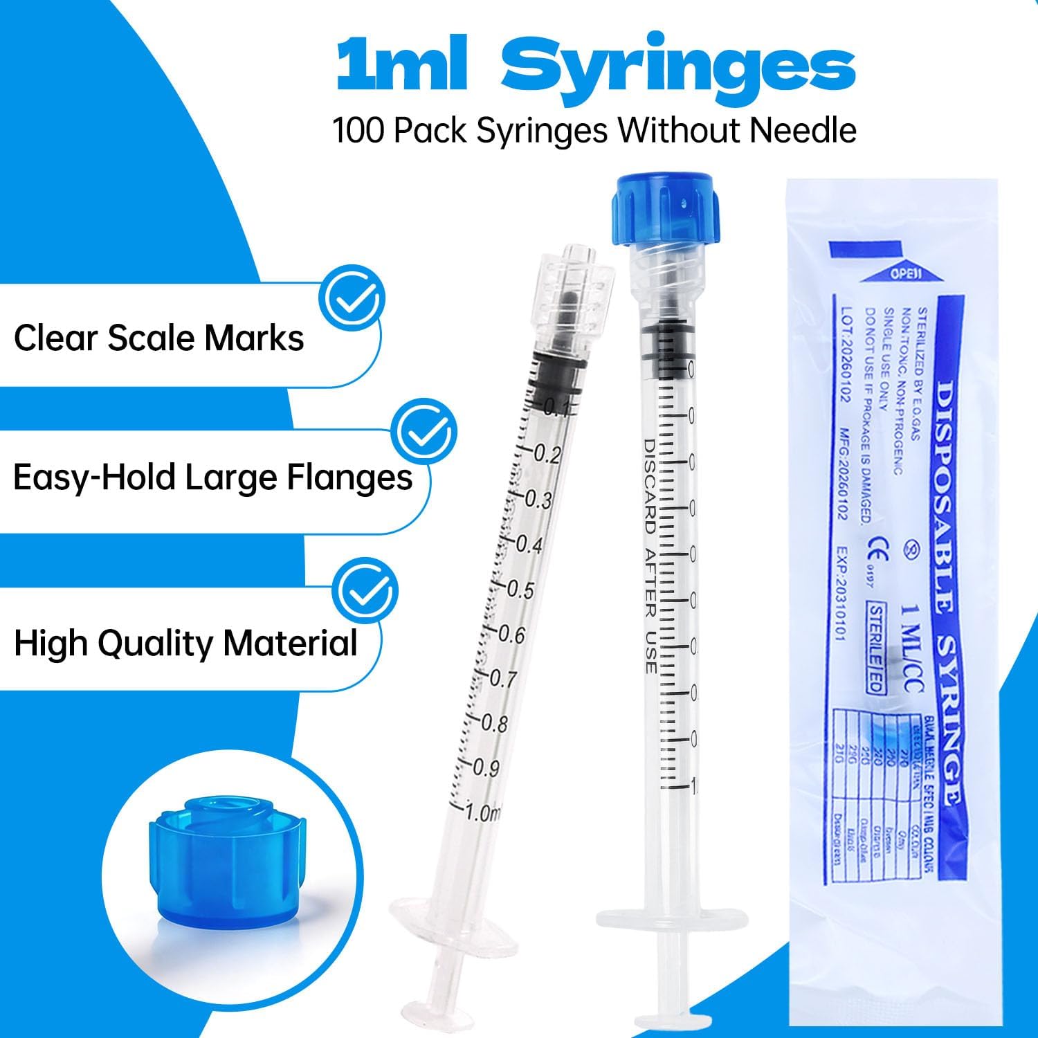 30 Pack 1mL Luer Lock Syringes without Needle - Sterile & Individually Wrapped, 1cc Syringe with Cap, Industrial & Lab Use - Image 3