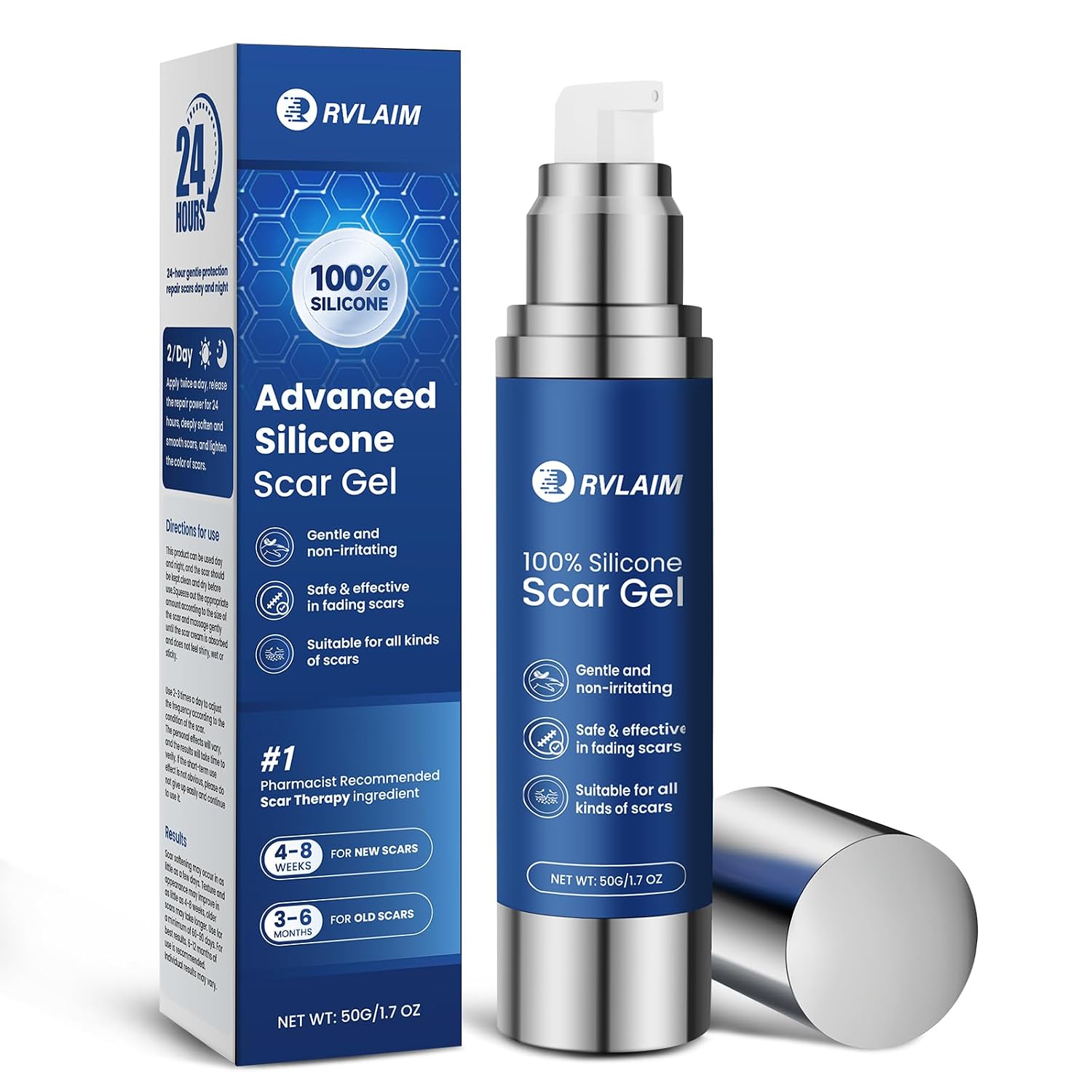 Rvlaim 100% Advanced Silicone Scar Gel for Old & New Scars,1.7oz/50ml | Hypoallergenic and Fast-absorbing Effective for Surgical, Burns, Acne, C-Section, Keloid Scars and Stretch Marks
