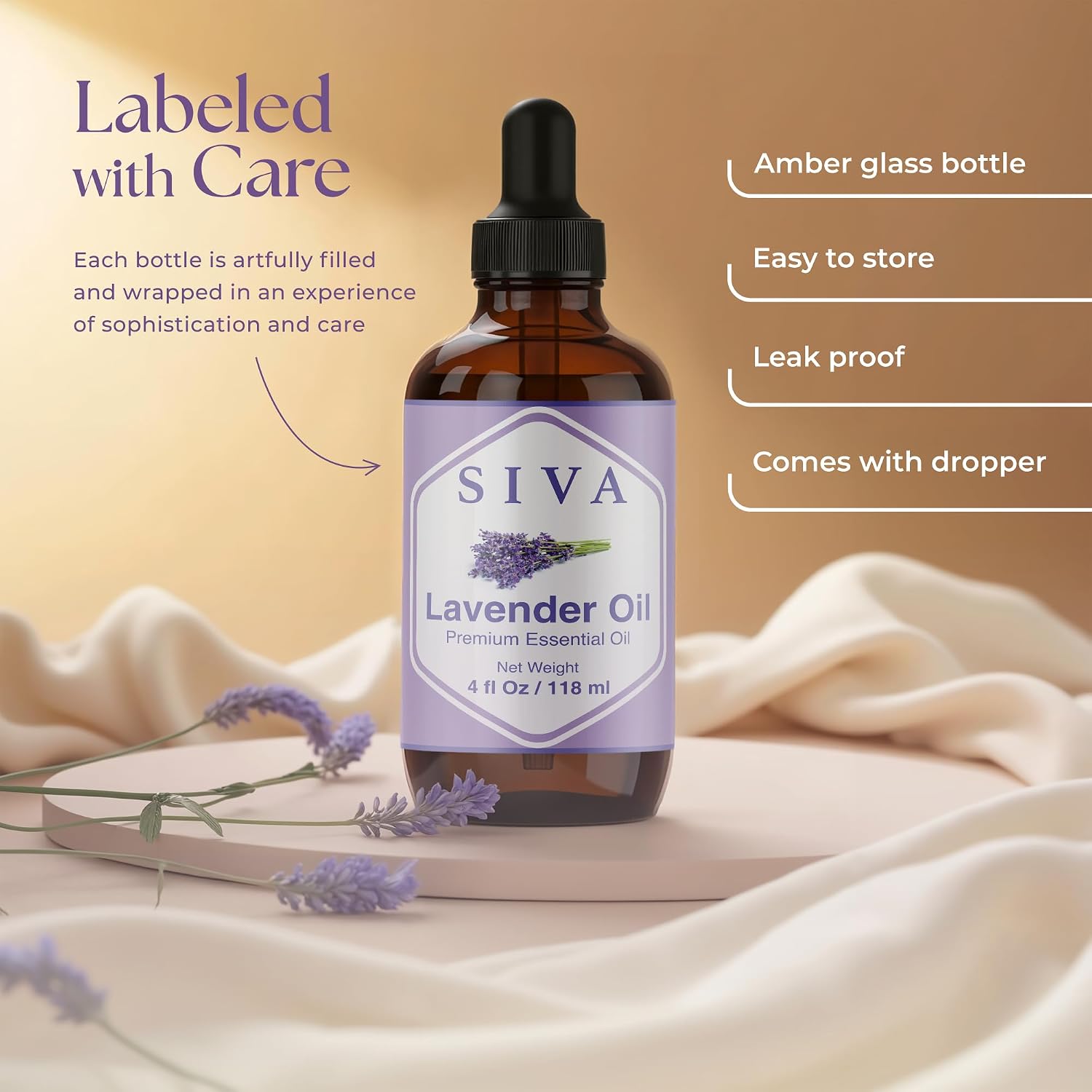 Siva Lavender Essential Oil, Glass Bottle with Dropper, 4 Fl Oz (118 ml) | Lavender Oil for Diffuser, Humidifier, Linen Spray, Skin Care, Hair Care, Body Massage, Soap, Candle, Bath Salt & DIY Blends - Image 4